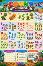 Four laminated dinosaur learning posters for letters, colors, first words, and counting with QR code audio lessons. — view 6