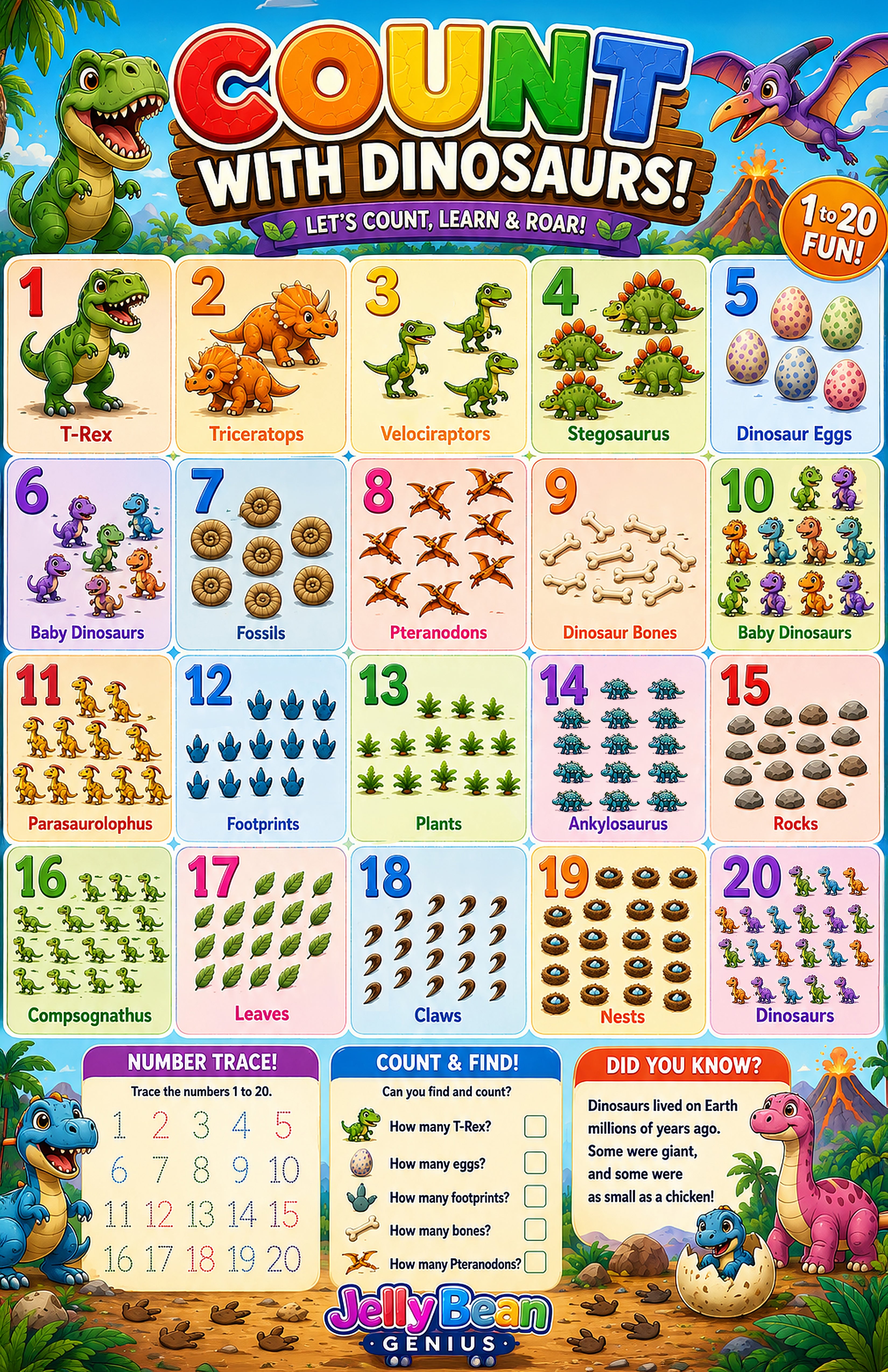 Four laminated dinosaur learning posters for letters, colors, first words, and counting with QR code audio lessons. — view 6
