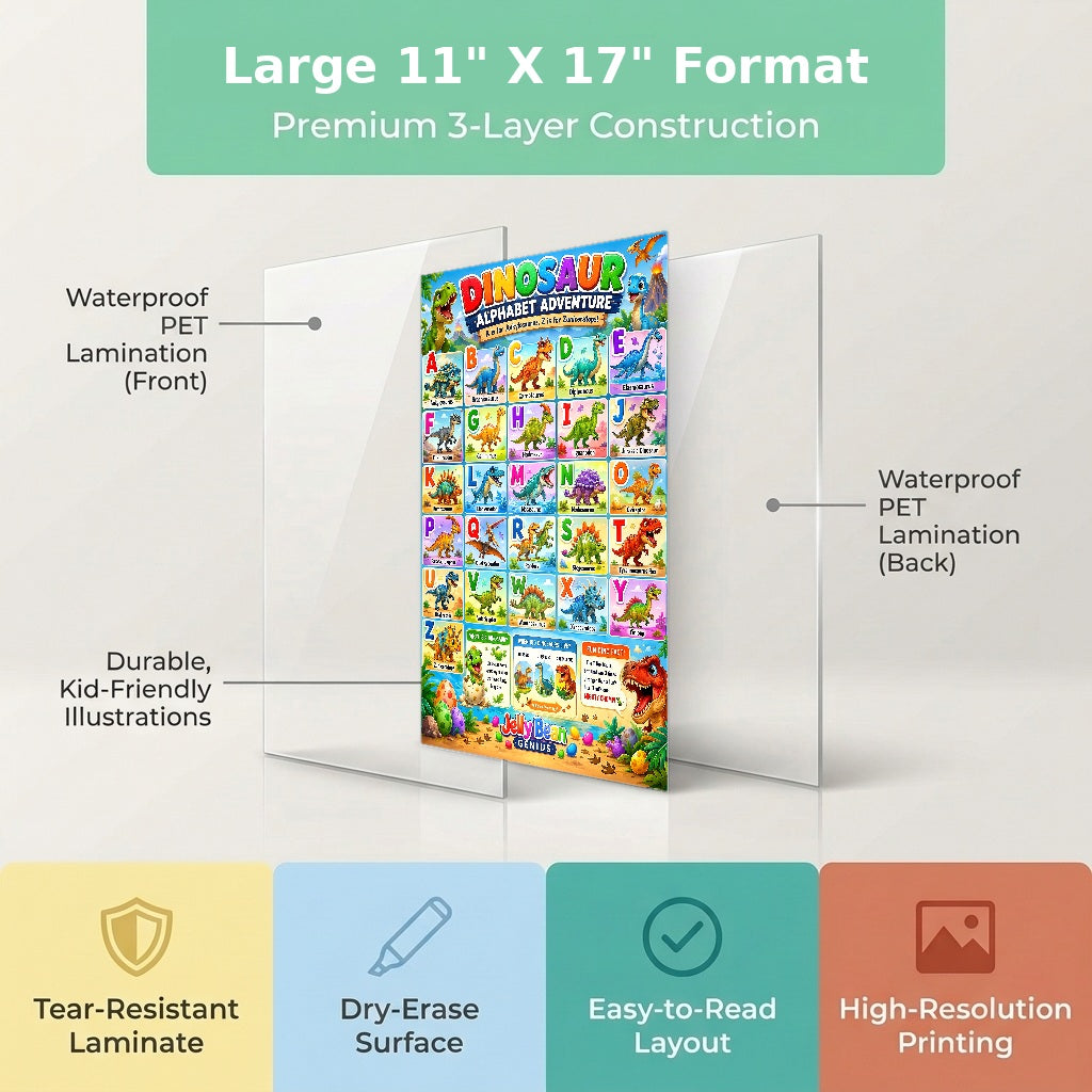 Four laminated dinosaur learning posters for letters, colors, first words, and counting with QR code audio lessons. — view 2