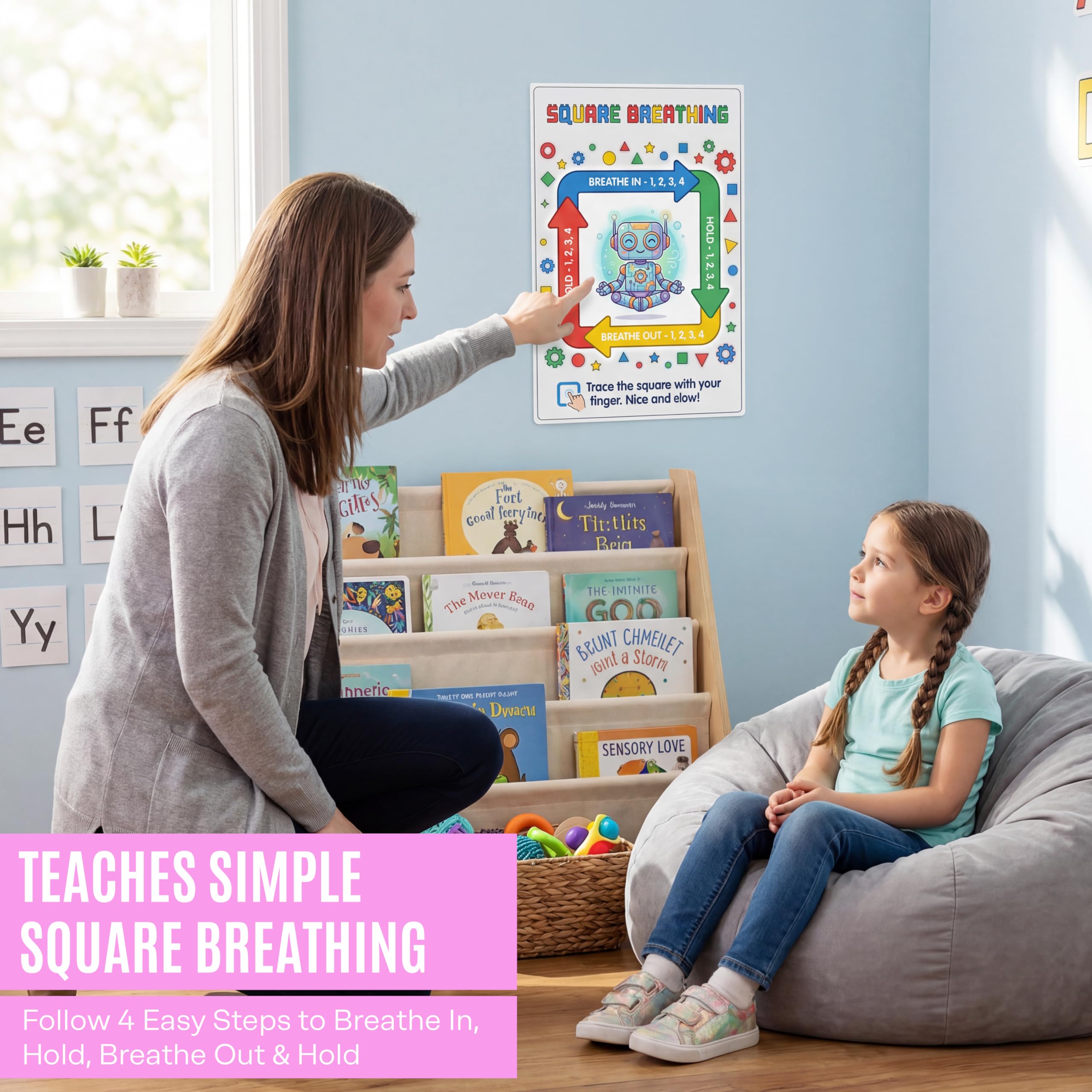 JELLY BEAN GENIUS Square Breathing Poster for Kids – Box Breathing Calm Corner Classroom Decor, SEL Social Emotional