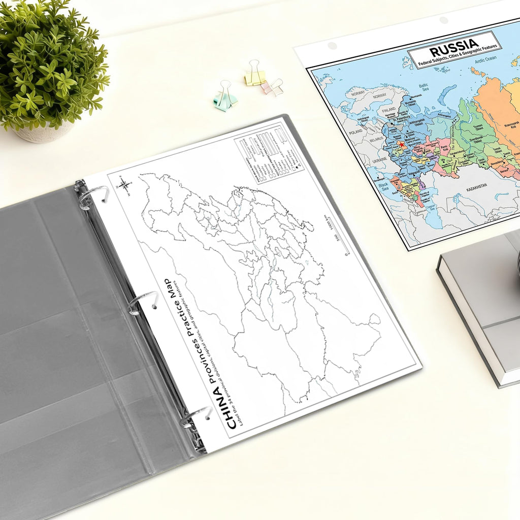 China Map Poster for Kids - 2-Sided Laminated 8.5x11, Provinces Cities & Geographic Features with Blank Practice Map