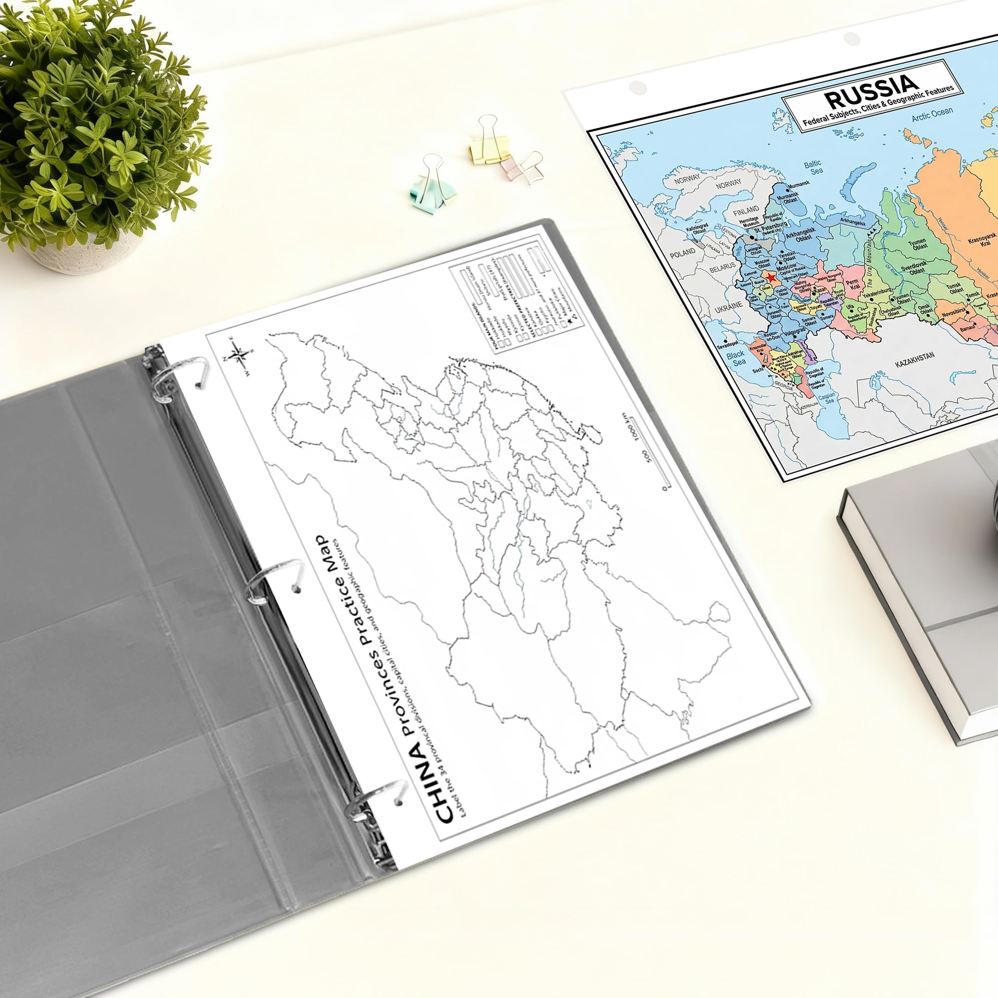 China Map Poster for Kids - 2-Sided Laminated 8.5x11, Provinces Cities & Geographic Features with Blank Practice Map