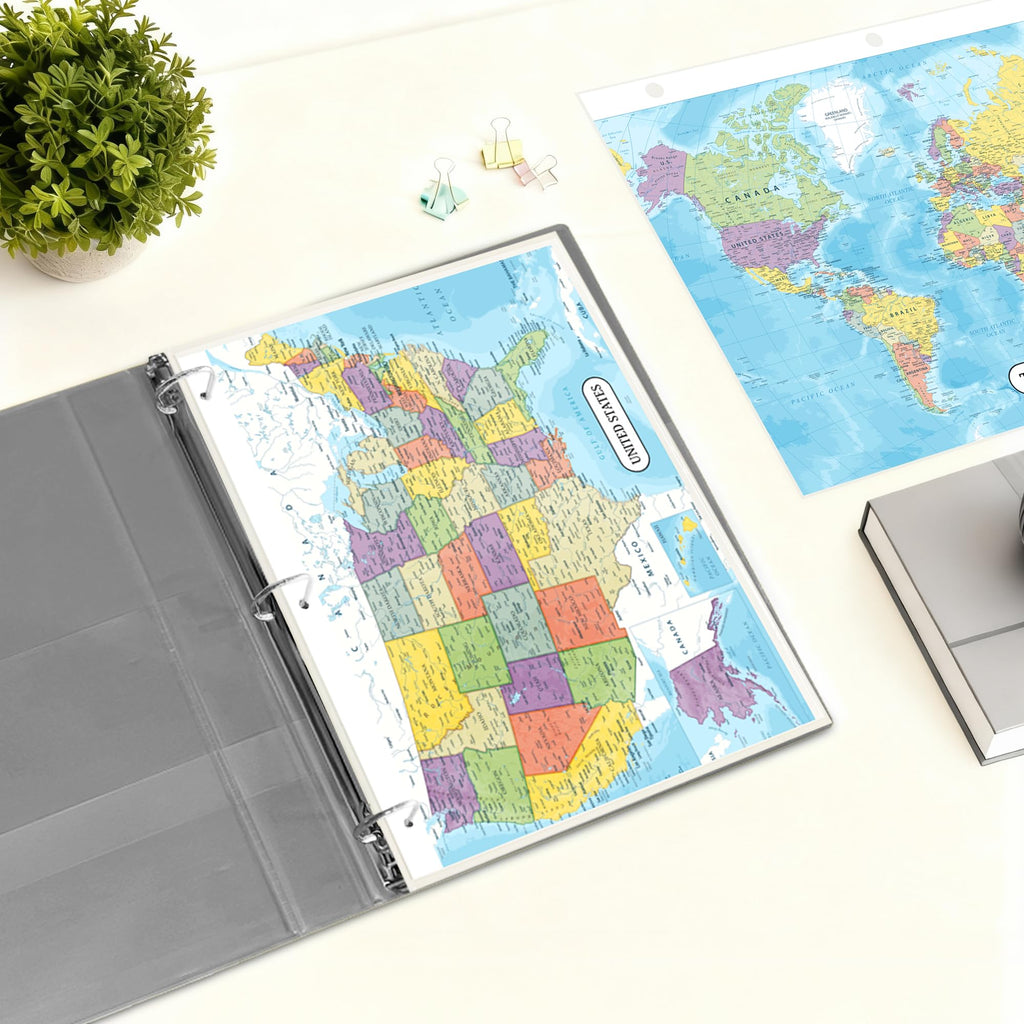 Detailed United States Map & World Map Reference Page – Laminated, Double-Sided 3-Ring Binder Insert – Durable Gloss