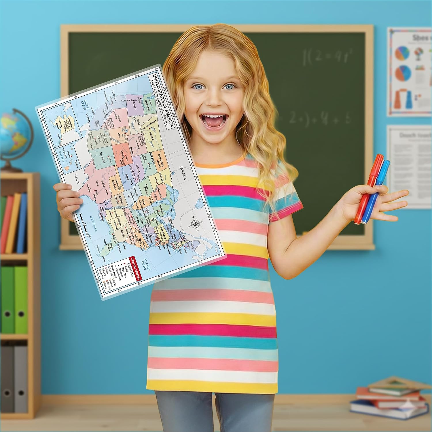 Two laminated map posters for kids: USA map and world map with QR codes for audio lessons. — view 2