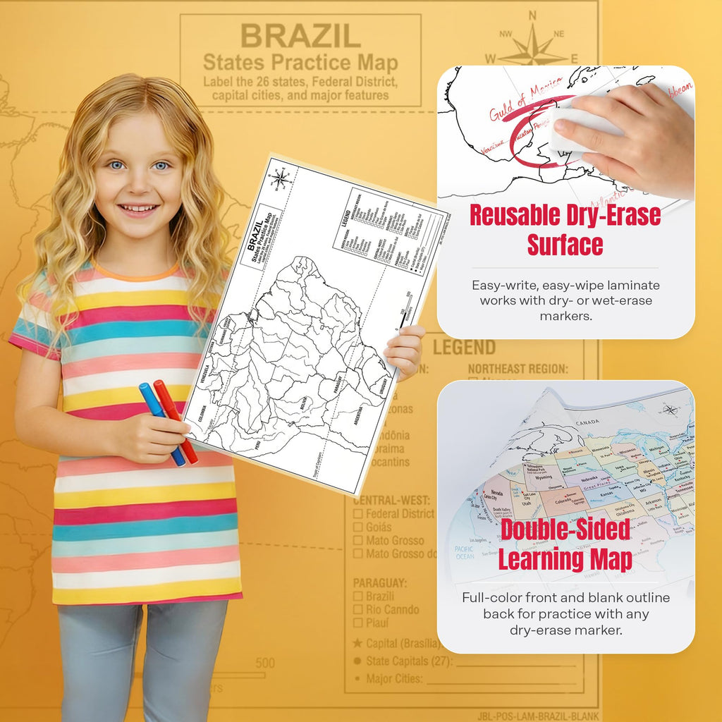 Brazil Map Poster 11x17 | Laminated Double-Sided Geography Chart with Color Map Front & Blank Outline Back | Reusable