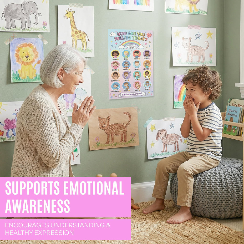 JELLY BEAN GENIUS 16 Emotions Feelings Chart Poster for Kids – Emotional Awareness & Social Emotional Learning Visual for