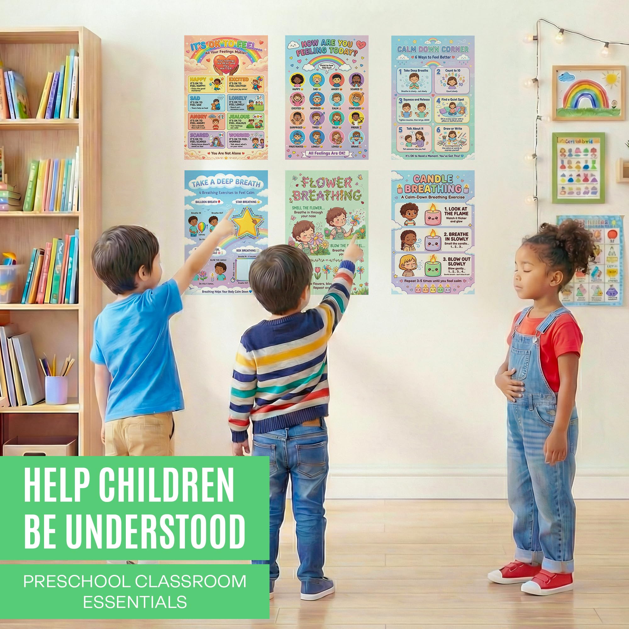 JELLY BEAN GENIUS Calming Corner Essential Poster Set for Kids – 6-Piece Emotional Awareness & Social Emotional Learning