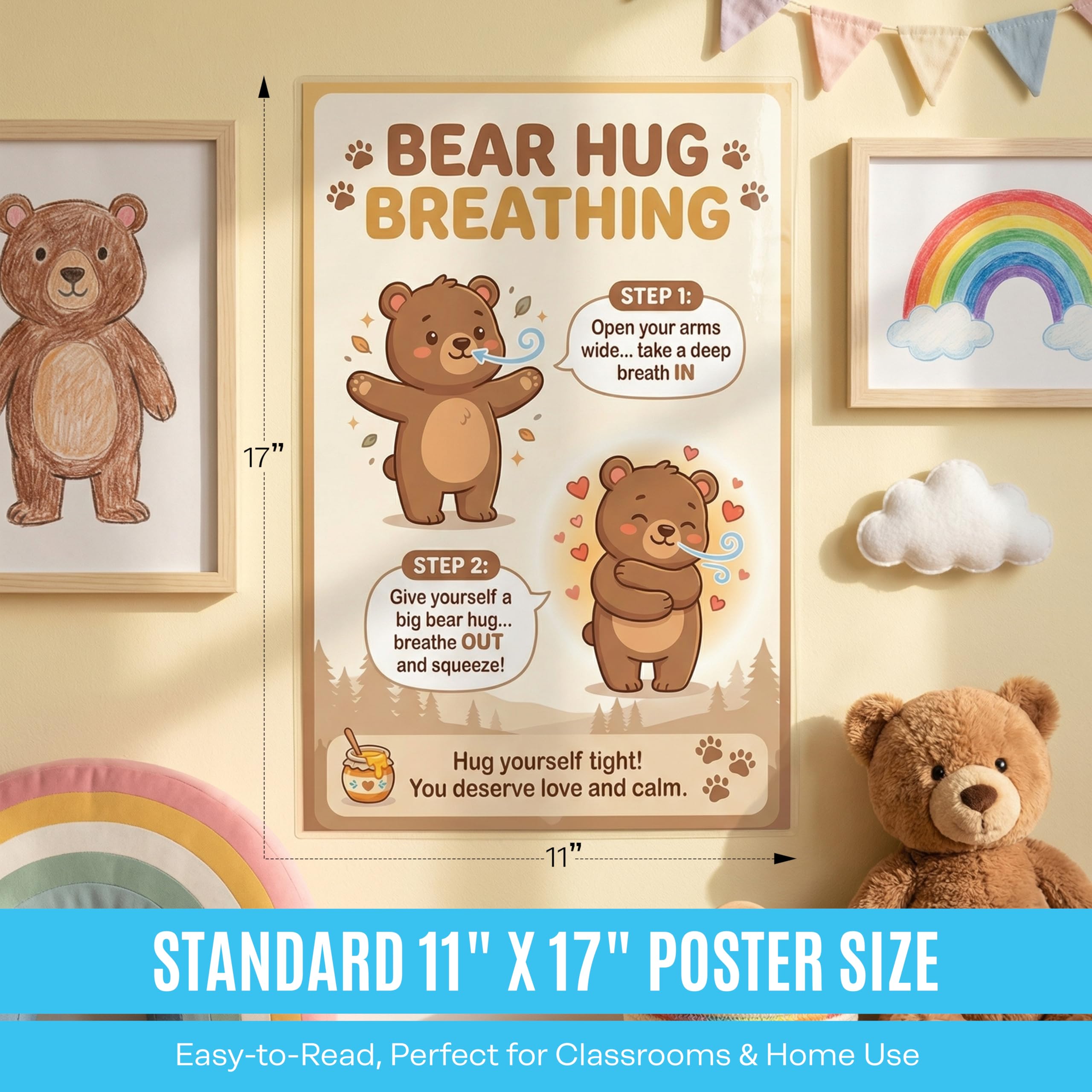JELLY BEAN GENIUS Bear Hug Breathing Poster for Kids – Self-Hug Calming Technique, Calm Corner Classroom Decor, SEL Social