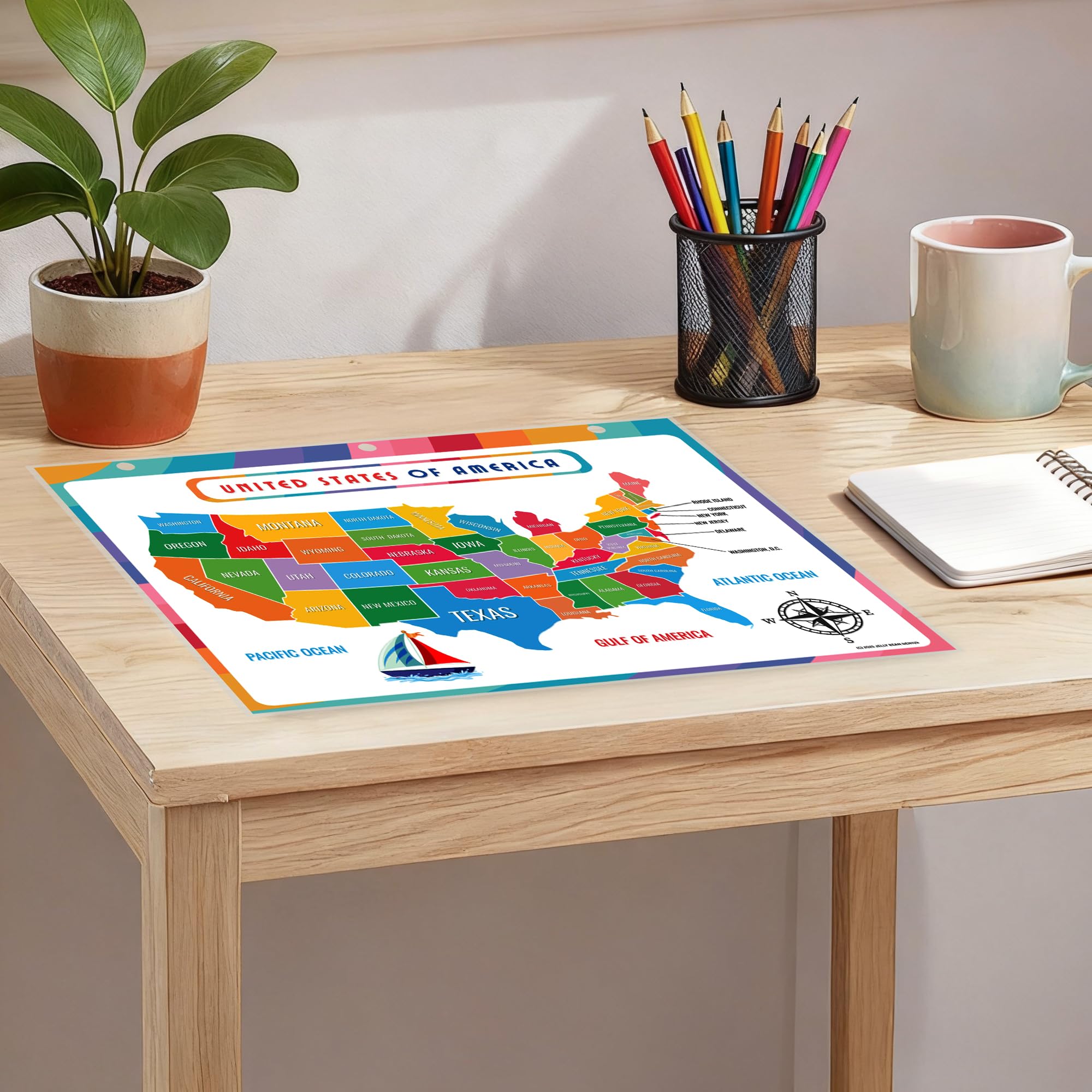 United States Map with All 50 State Flags – Laminated, Double-Sided 3-Ring Binder Insert – Durable Gloss Reference Page for