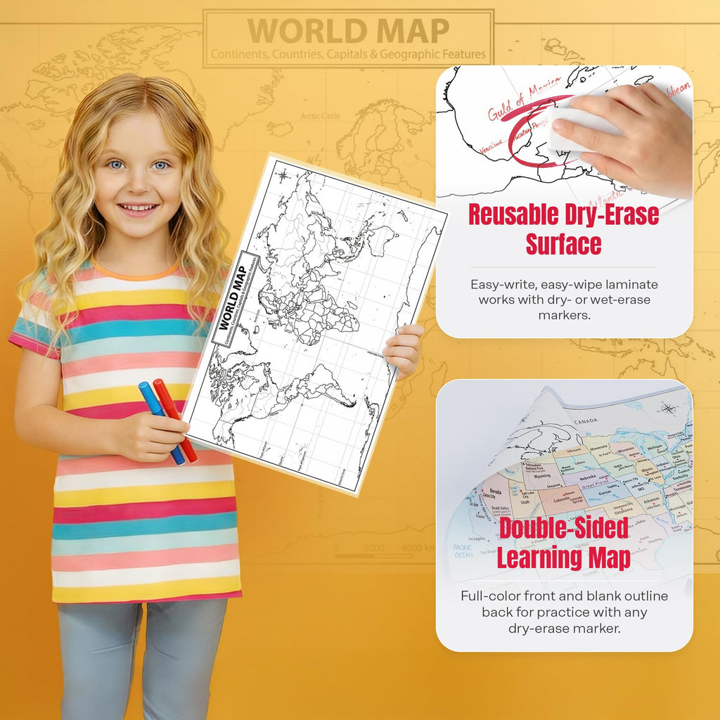 2026 Updated World Map Poster – 11x17 Laminated Dry Erase Study Map | Double-Sided Classroom Learning Tool with Color