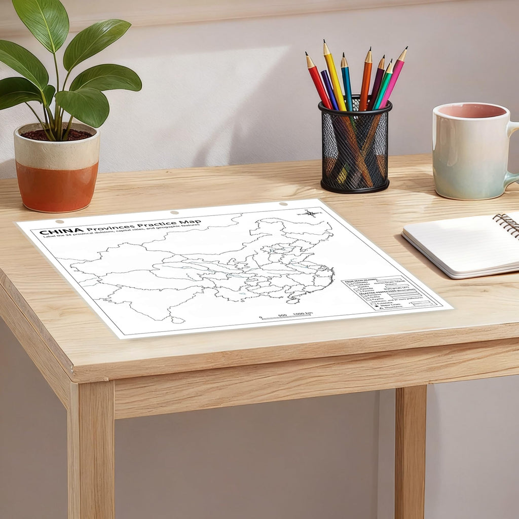 China Map Poster for Kids - 2-Sided Laminated 8.5x11, Provinces Cities & Geographic Features with Blank Practice Map