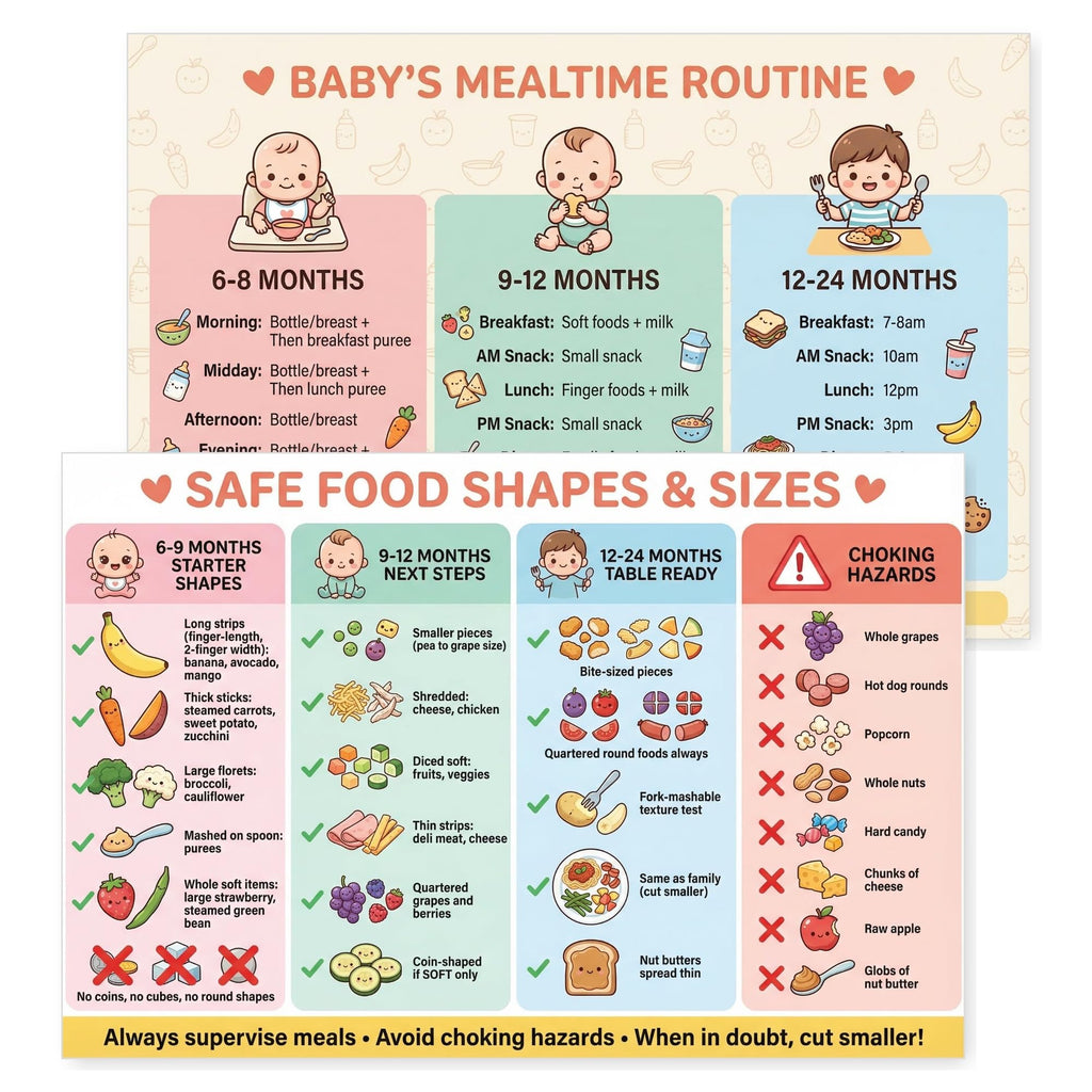 JELLY BEAN GENIUS Baby Mealtime Routine Poster – Safe Food Shapes & Sizes Guide | Laminated Infant Feeding Schedule Chart