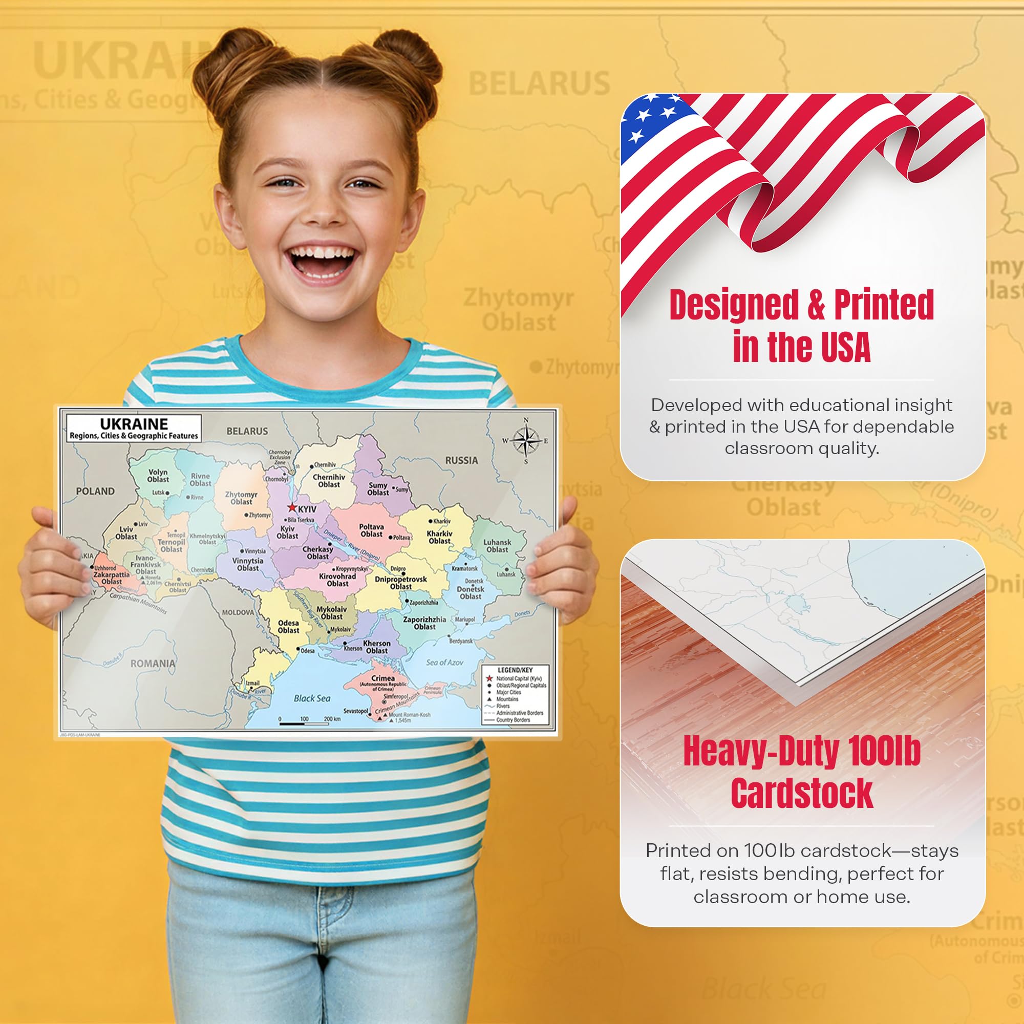 Ukraine Map Poster for Kids - Educational Geography Wall Art with 27 Oblasts, Capitals & Major Cities - Laminated