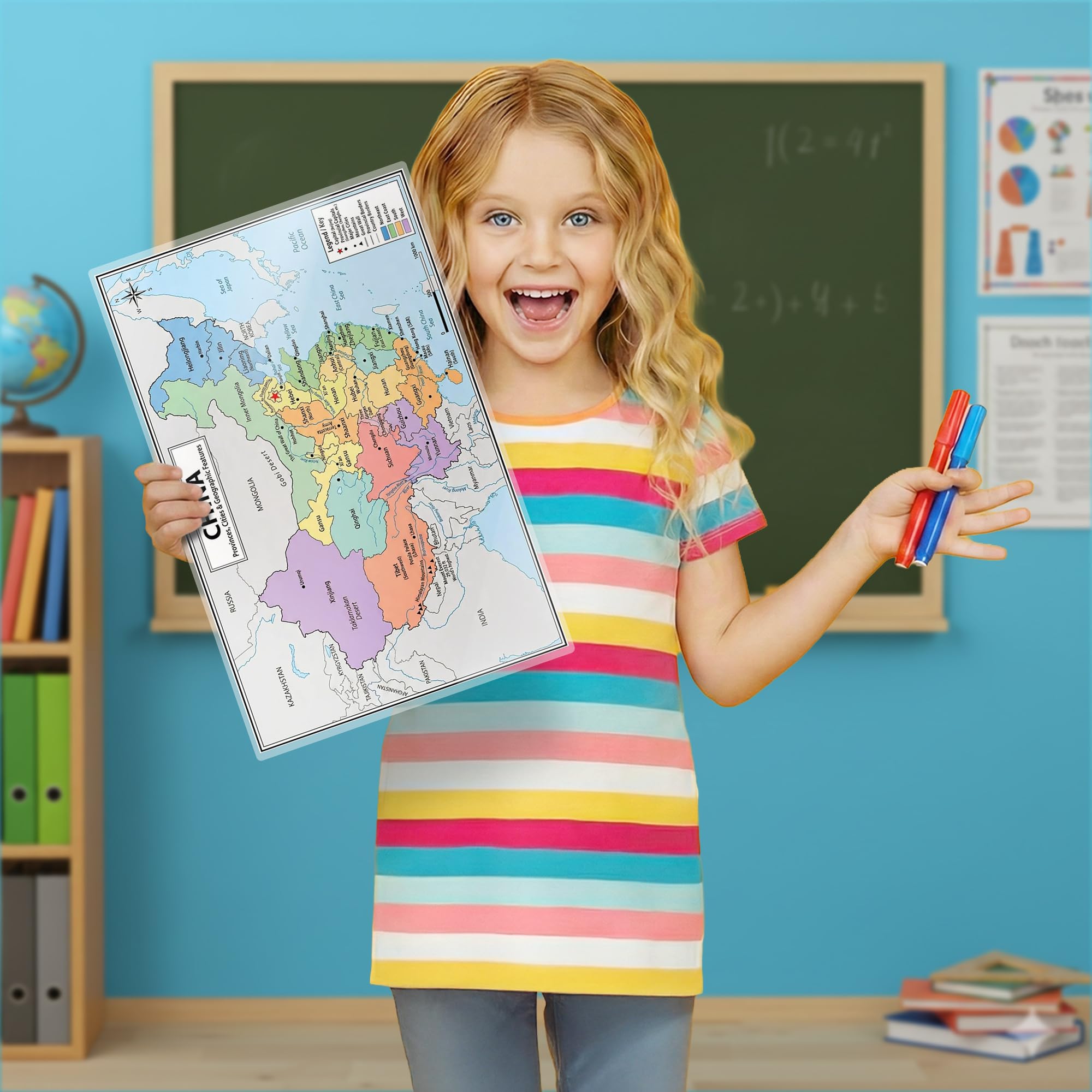China Map Poster 11x17 | Laminated Double-Sided Geography Chart with Color Map Front & Blank Outline Back | Reusable