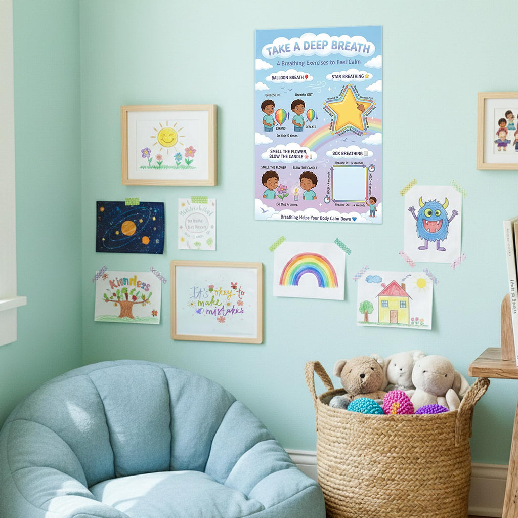 JELLY BEAN GENIUS 4 Breathing Exercises Poster for Kids – Balloon, Star, Flower & Box Breathing Emotional Awareness Visual