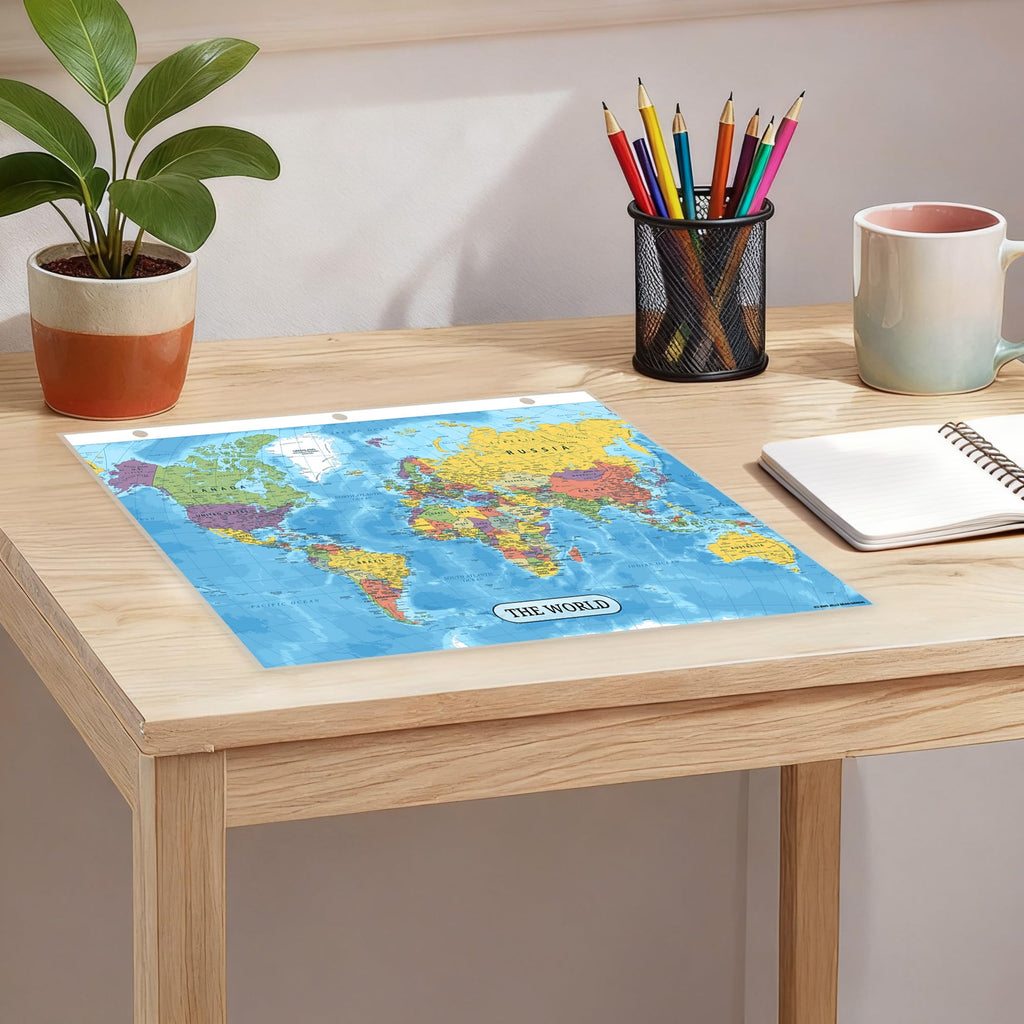 Detailed United States Map & World Map Reference Page – Laminated, Double-Sided 3-Ring Binder Insert – Durable Gloss