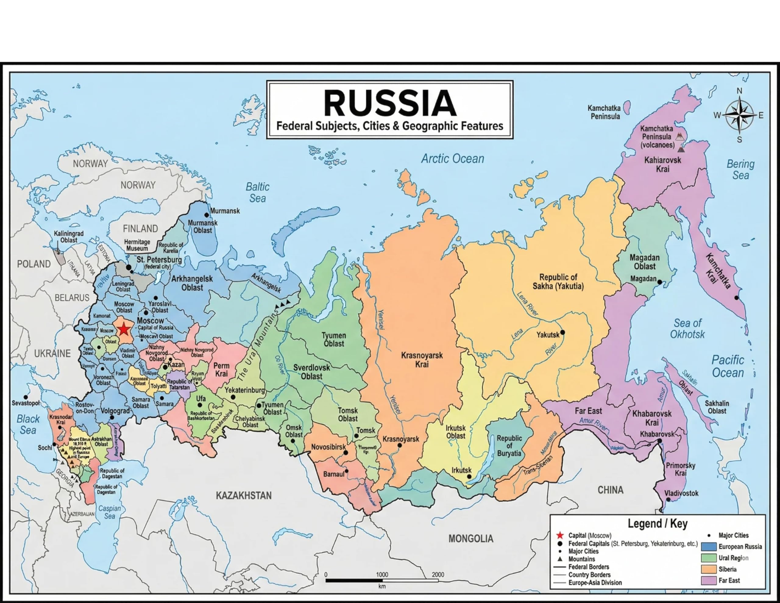 Russia Map Reference Chart – Laminated, Double-Sided 3-Ring Binder Insert (8.5 x 11 Inches) – Federal Subjects Major Cities