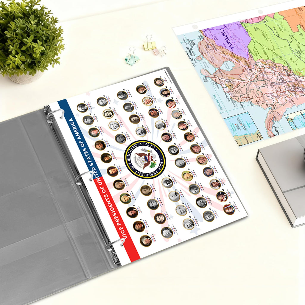 Updated Detailed United States Map & U.S. Vice Presidents Reference Page – Laminated, Double-Sided 3-Ring Binder Insert –