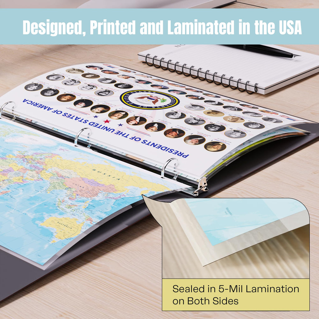 World Map & U.S. Presidents Reference Page – Laminated, Double-Sided Binder Insert for Study & Organization – Fits Standard