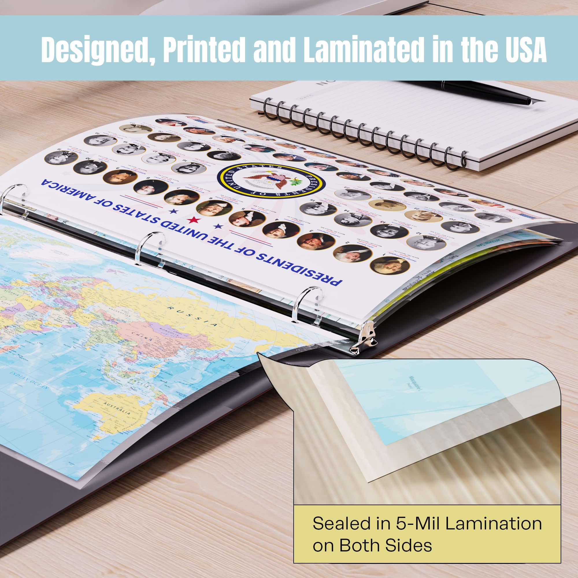 World Map & U.S. Presidents Reference Page – Laminated, Double-Sided Binder Insert for Study & Organization – Fits Standard