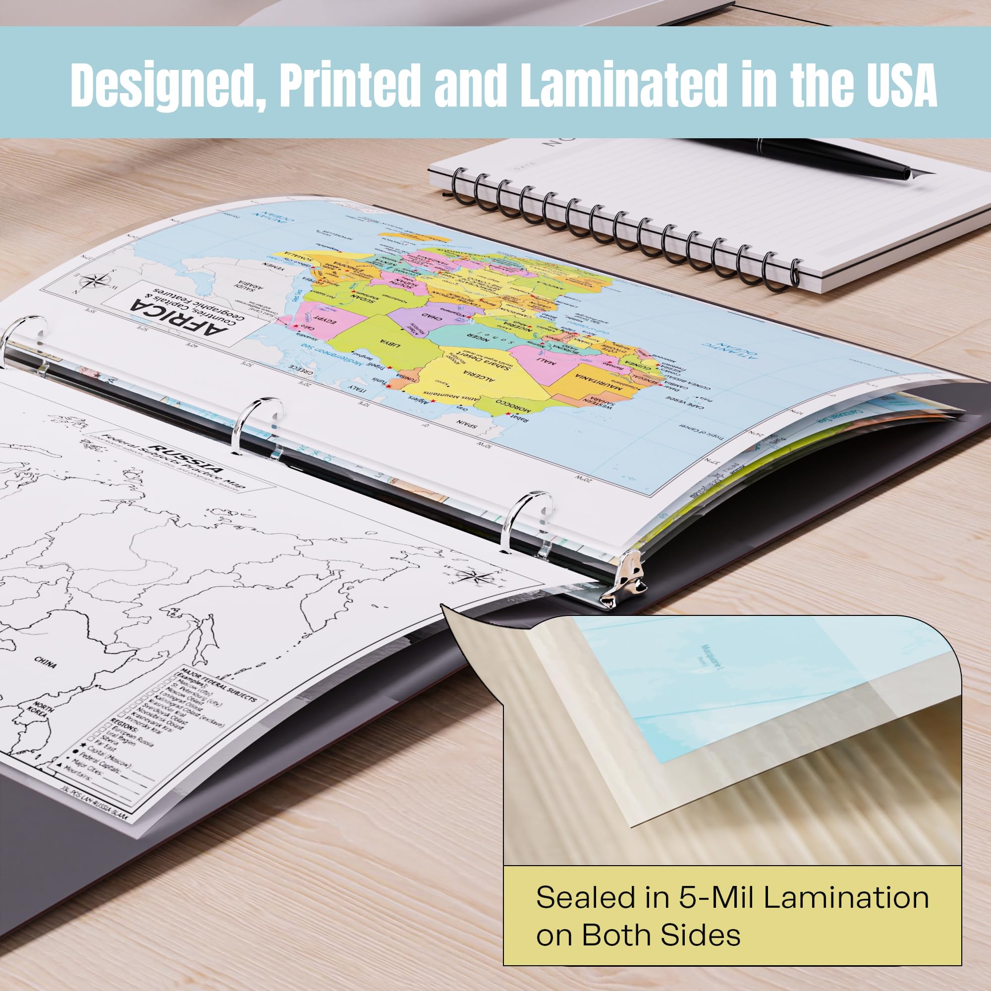 Africa Map Poster for Kids - 2-Sided Laminated 8.5x11, Countries Capitals & Geographic Features with Blank Practice Map
