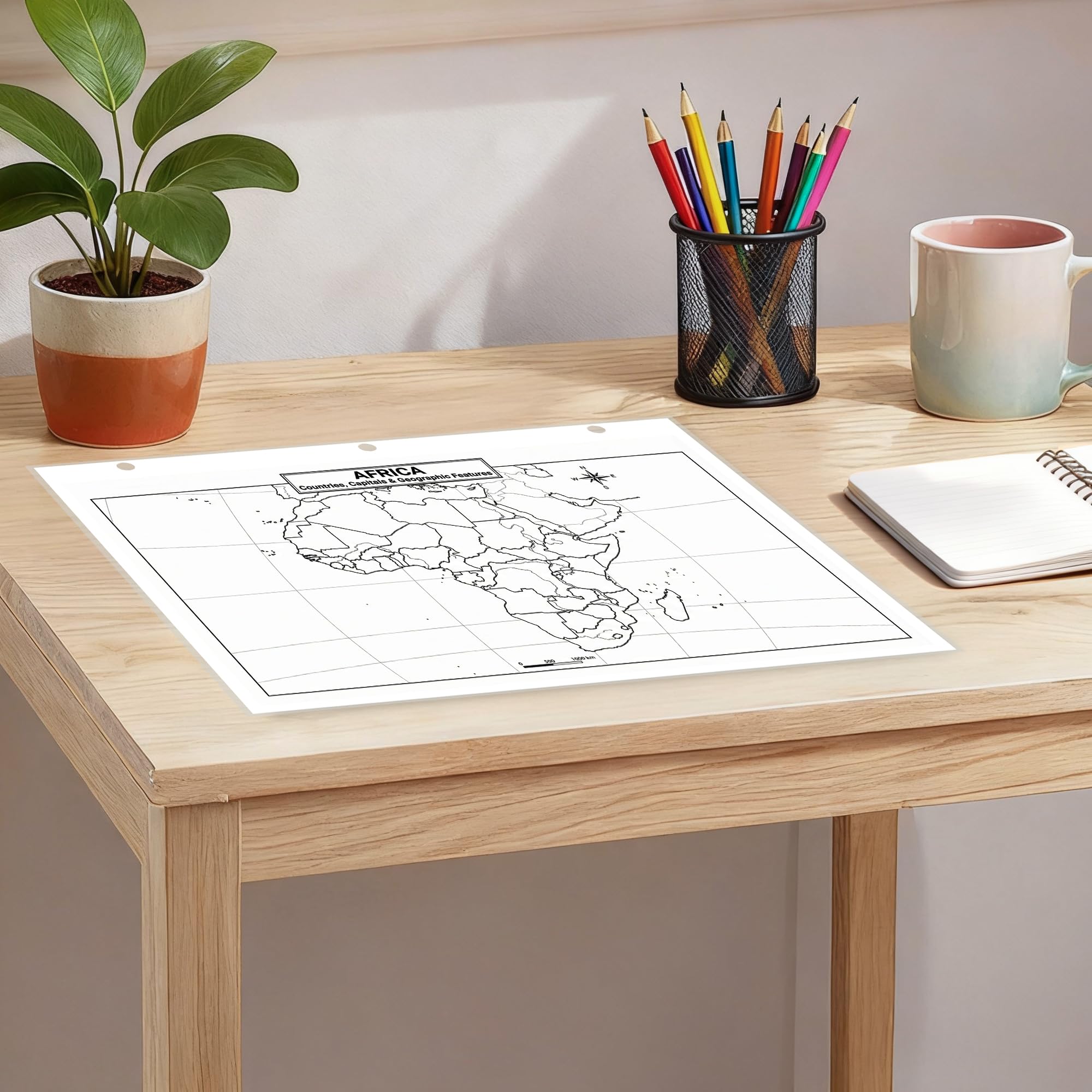 Africa Map Poster for Kids - 2-Sided Laminated 8.5x11, Countries Capitals & Geographic Features with Blank Practice Map