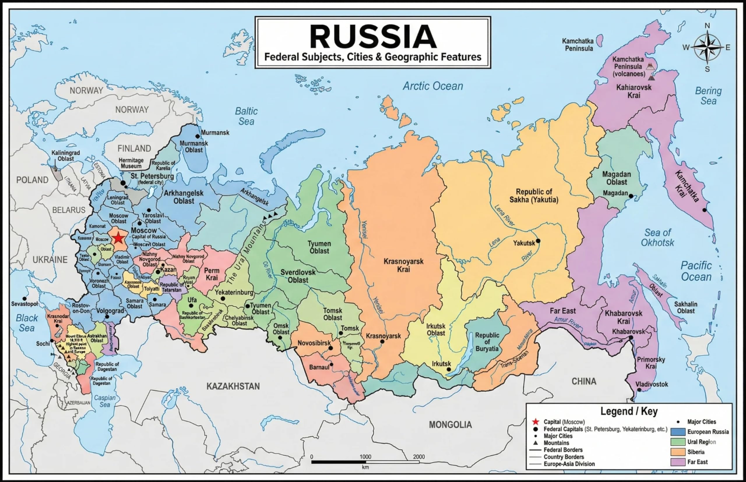 Russia Map Poster 11x17 | Laminated Double-Sided Geography Chart with Color Map Front & Blank Outline Back | Reusable