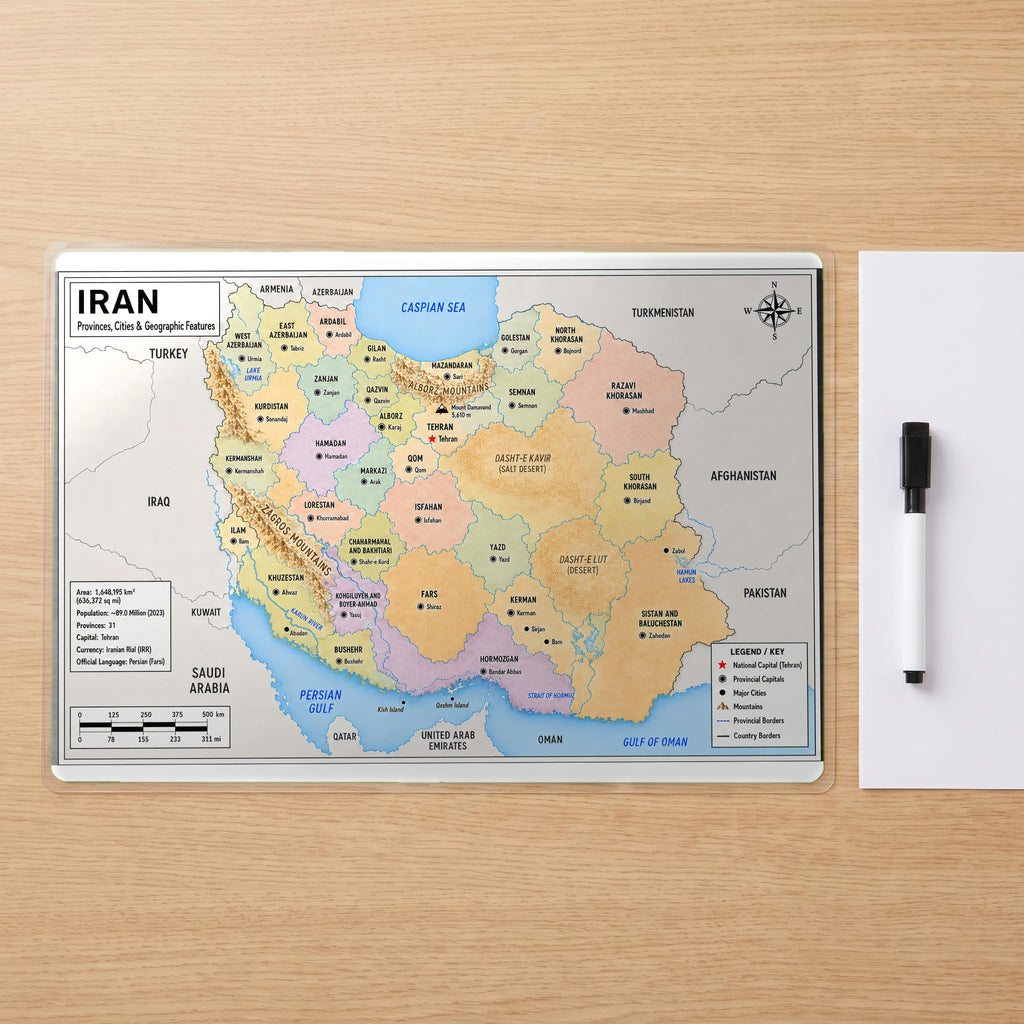 Iran Map Poster, Provinces & Capitals, Double-Sided Laminated, 11x17