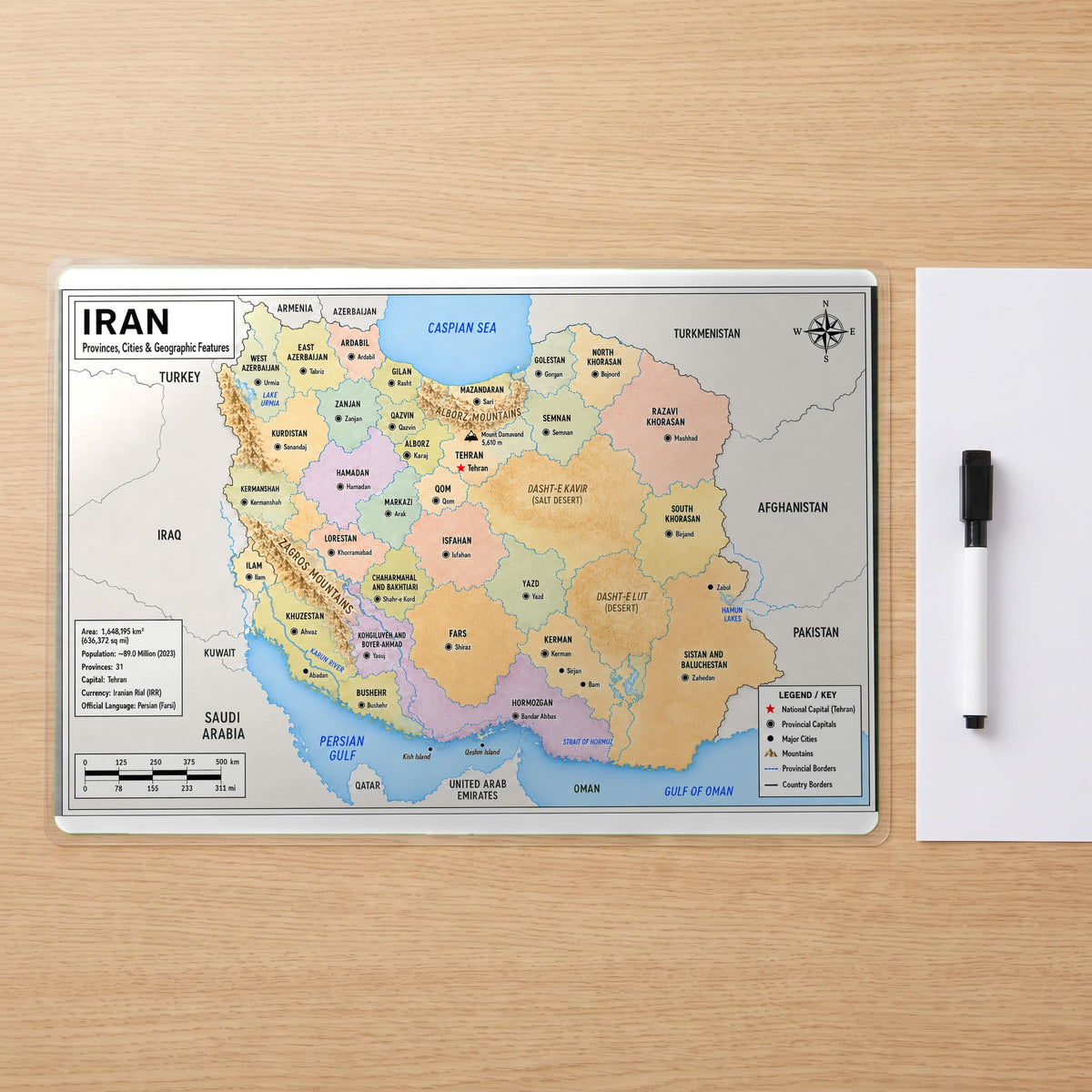 Iran Map Poster, Provinces & Capitals, Double-Sided Laminated, 11x17