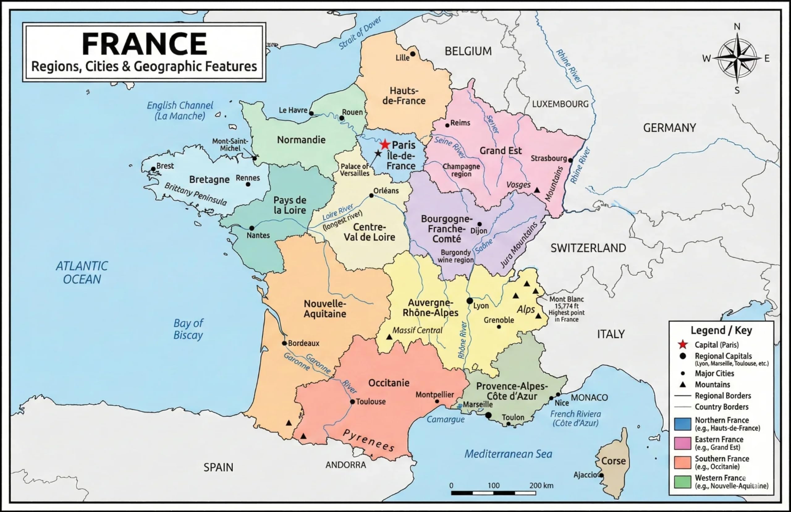 France Map Poster 11x17 | Laminated Double-Sided Geography Chart with Color Map Front & Blank Outline Back | Reusable
