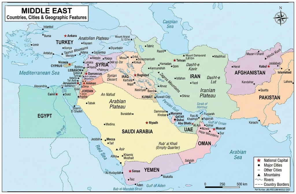 JELLY BEAN GENIUS Middle East Poster 11x17 | Laminated Double-Sided Geography Chart with Color Map Front & Blank Outline