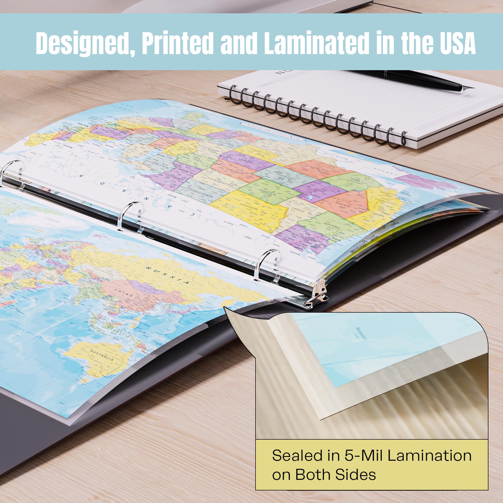 Detailed United States Map with State Flags – Laminated, Double-Sided 3-Ring Binder Insert – Durable Gloss Reference Chart