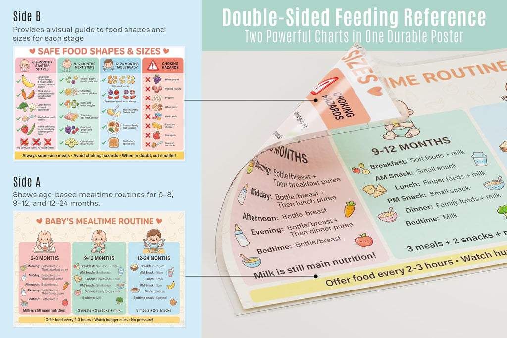 JELLY BEAN GENIUS Baby Mealtime Routine Poster – Safe Food Shapes & Sizes Guide | Laminated Infant Feeding Schedule Chart