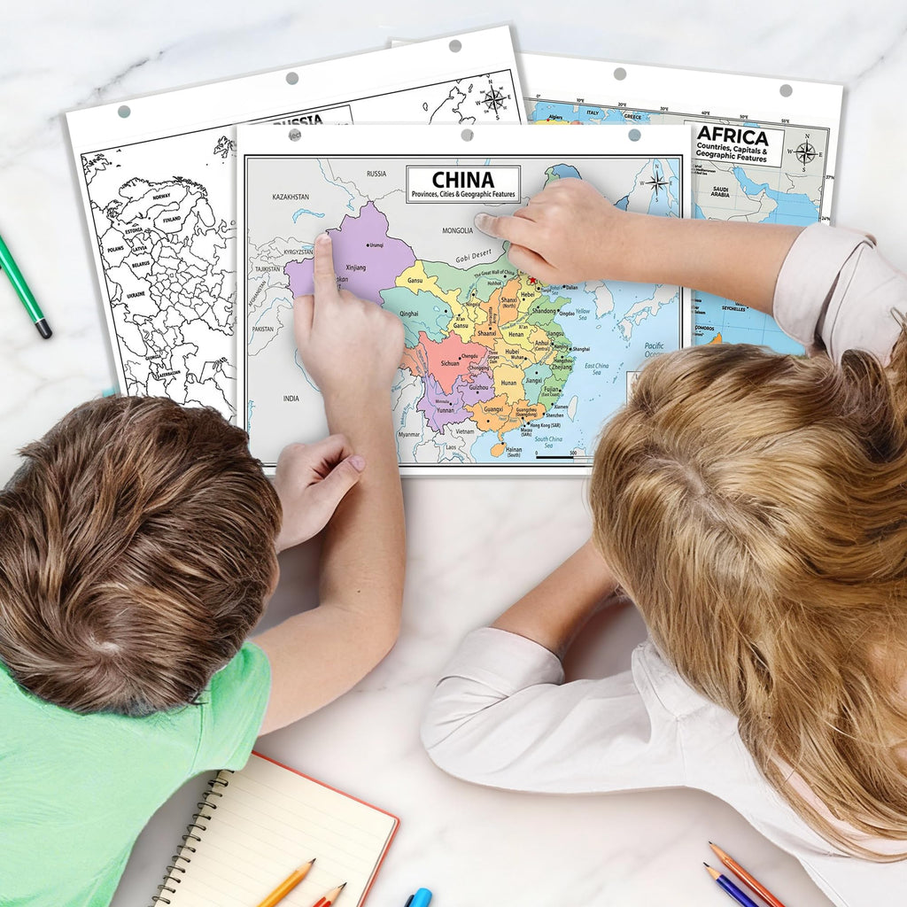 China Map Poster for Kids - 2-Sided Laminated 8.5x11, Provinces Cities & Geographic Features with Blank Practice Map