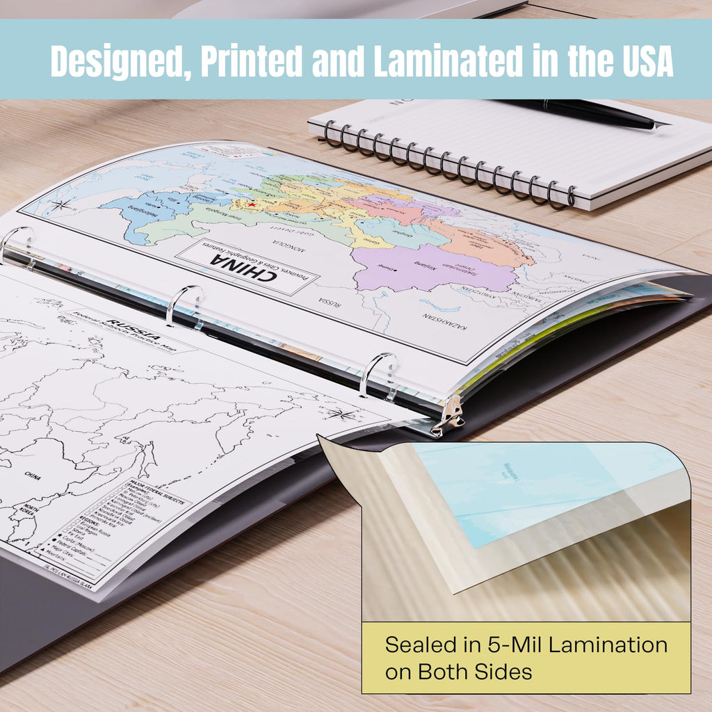 China Map Poster for Kids - 2-Sided Laminated 8.5x11, Provinces Cities & Geographic Features with Blank Practice Map