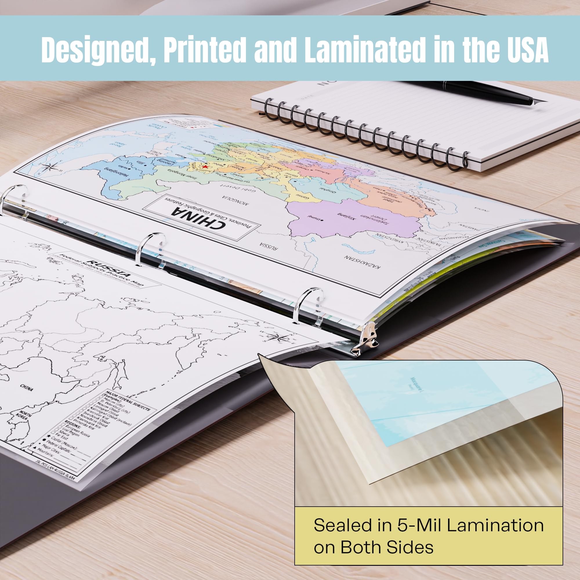 China Map Poster for Kids - 2-Sided Laminated 8.5x11, Provinces Cities & Geographic Features with Blank Practice Map