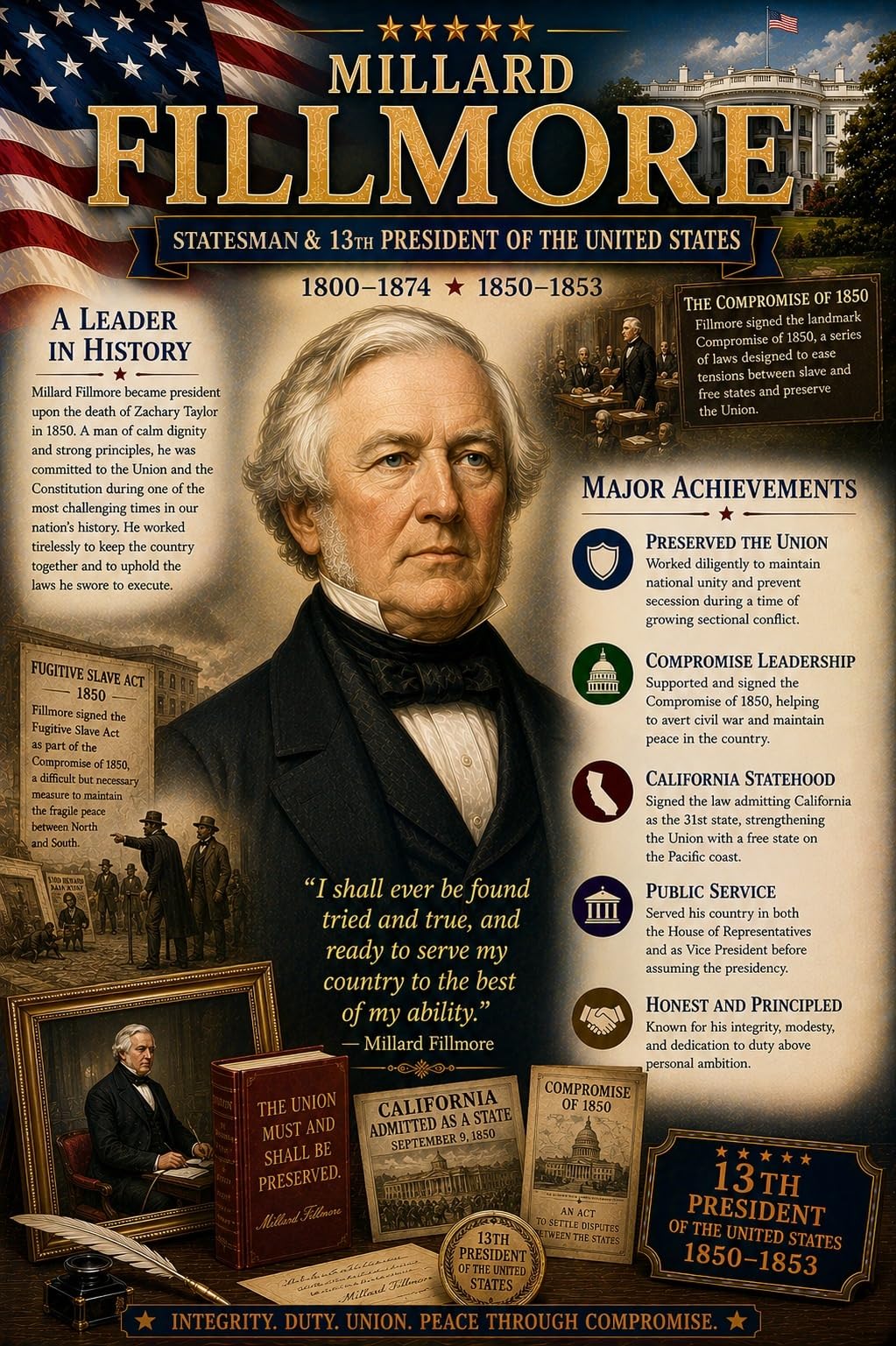 Millard Fillmore Poster, 13th U.S. President, 8.5x11 Laminated Chart