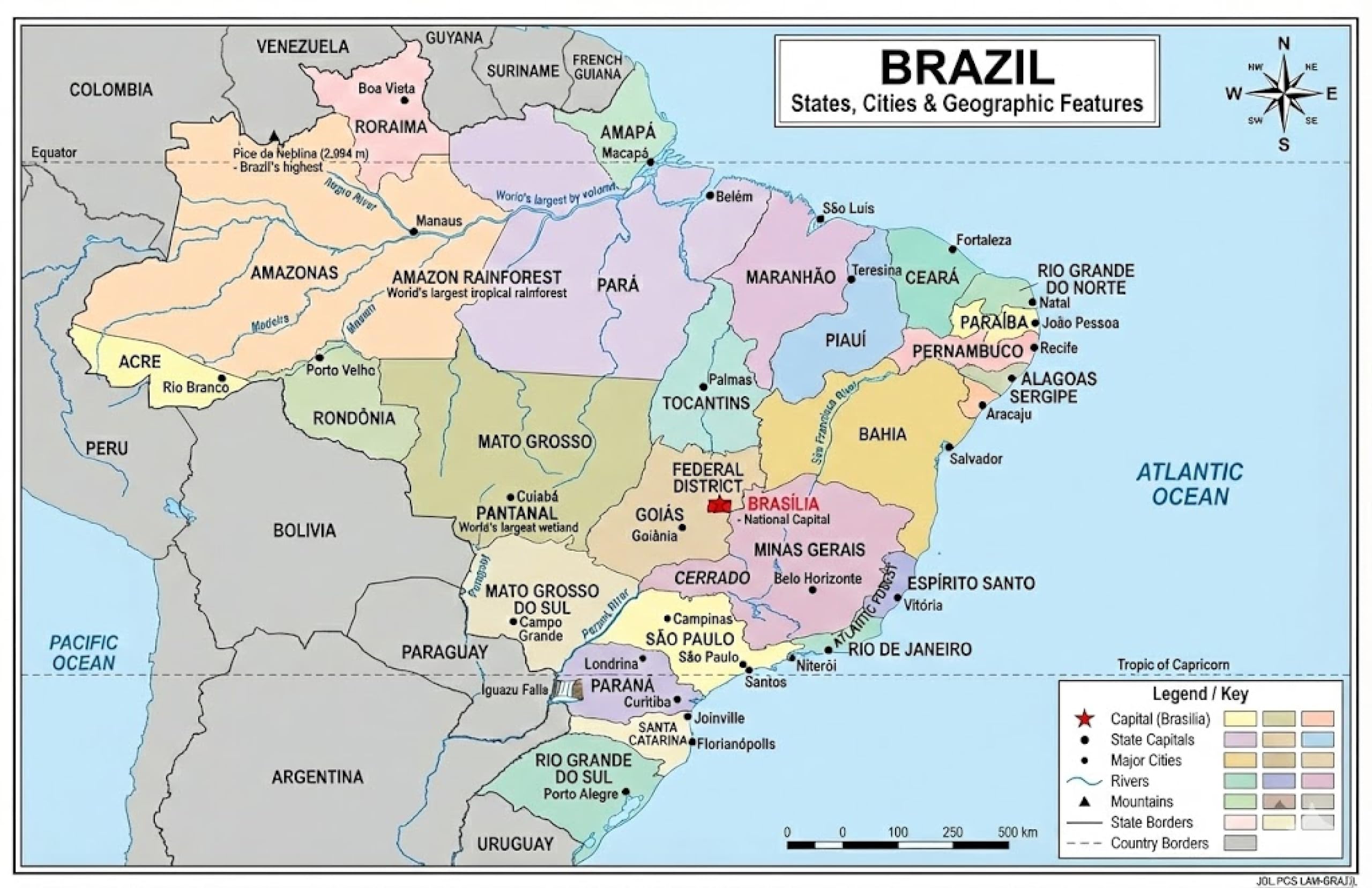 Brazil Map Poster 11x17 | Laminated Double-Sided Geography Chart with Color Map Front & Blank Outline Back | Reusable