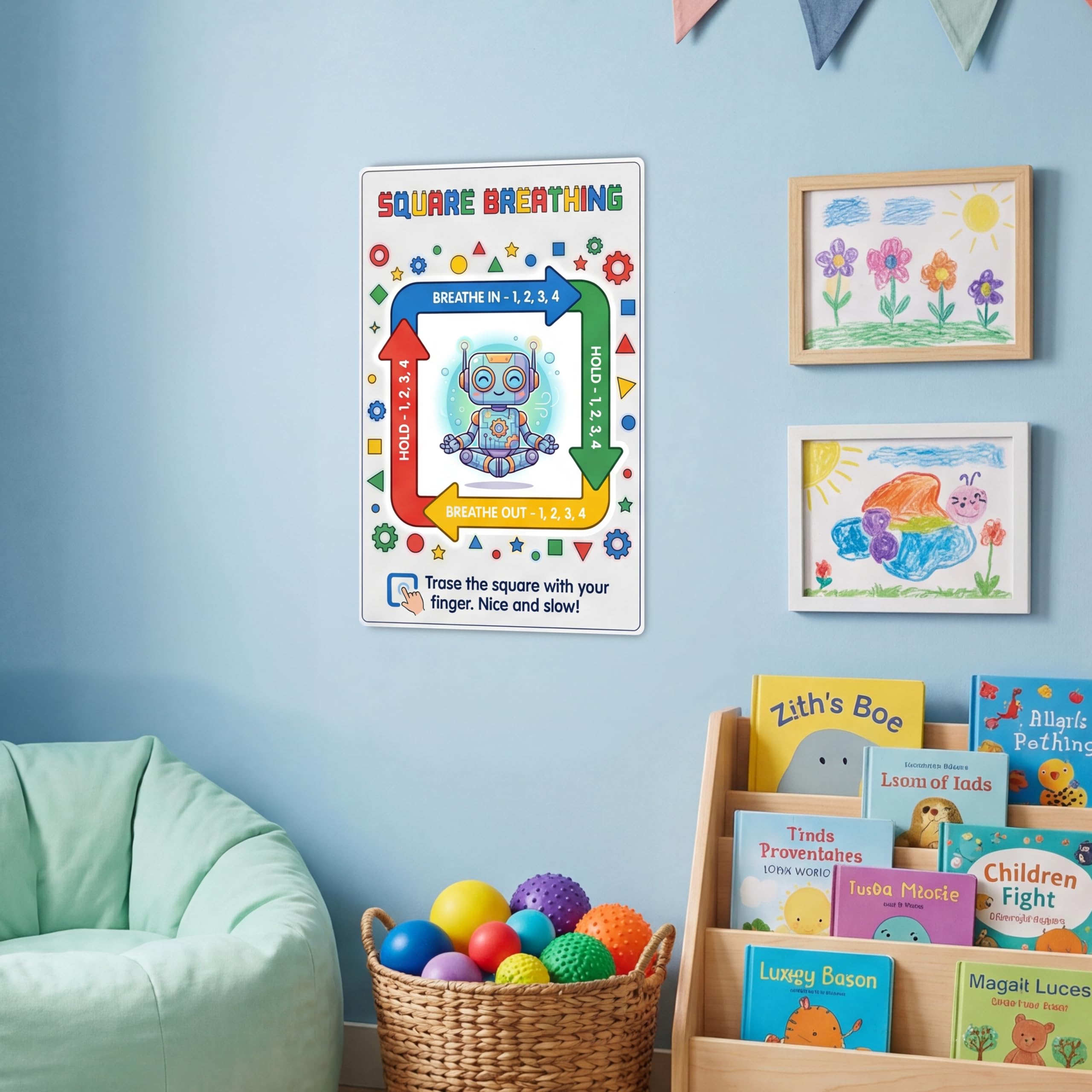 JELLY BEAN GENIUS Square Breathing Poster for Kids – Box Breathing Calm Corner Classroom Decor, SEL Social Emotional