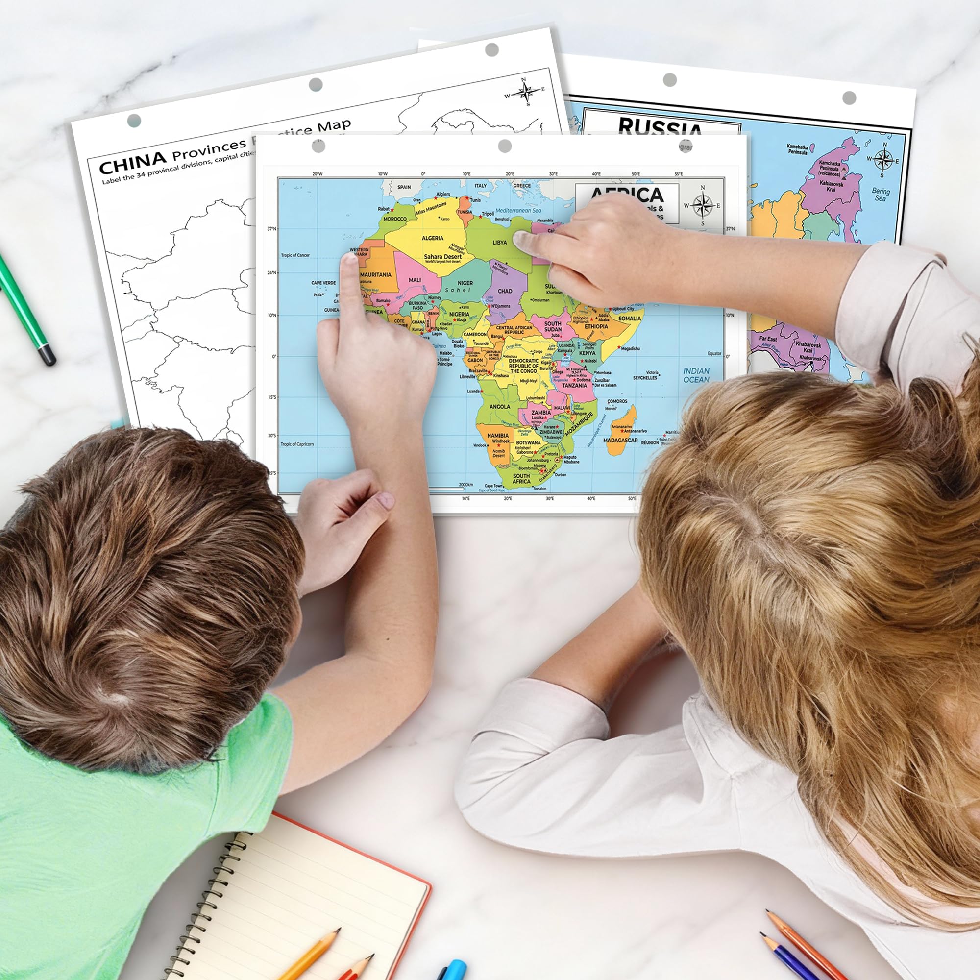 Africa Map Poster for Kids - 2-Sided Laminated 8.5x11, Countries Capitals & Geographic Features with Blank Practice Map