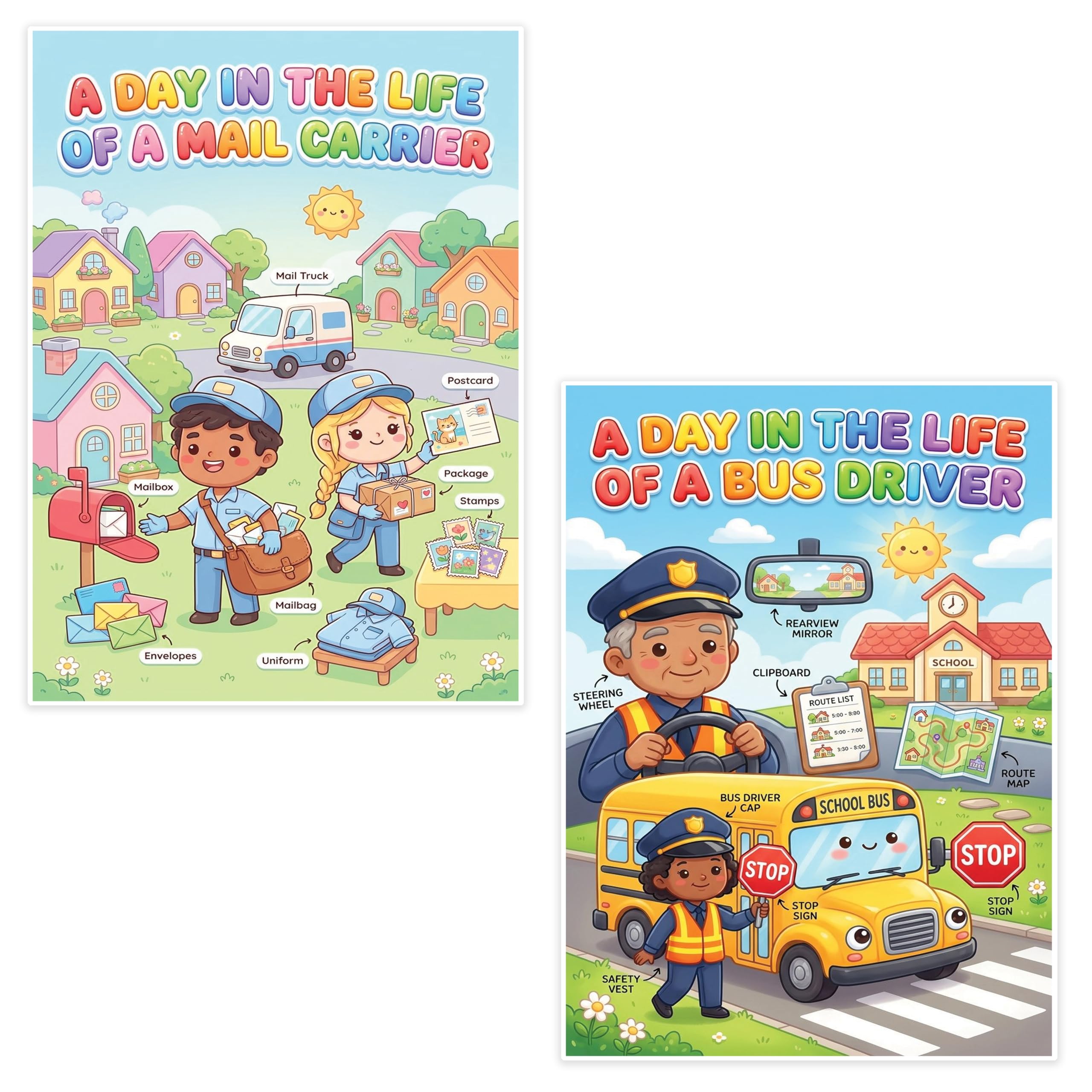 JELLY BEAN GENIUS Mail Carrier and Bus Driver Mini Poster for Kids – Laminated Double-Sided Community Helpers Career Chart