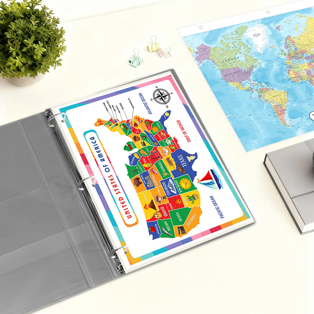 Updated United States Map & States–Cities Reference Page – Laminated, Double-Sided 3-Ring Binder Insert – Durable Gloss
