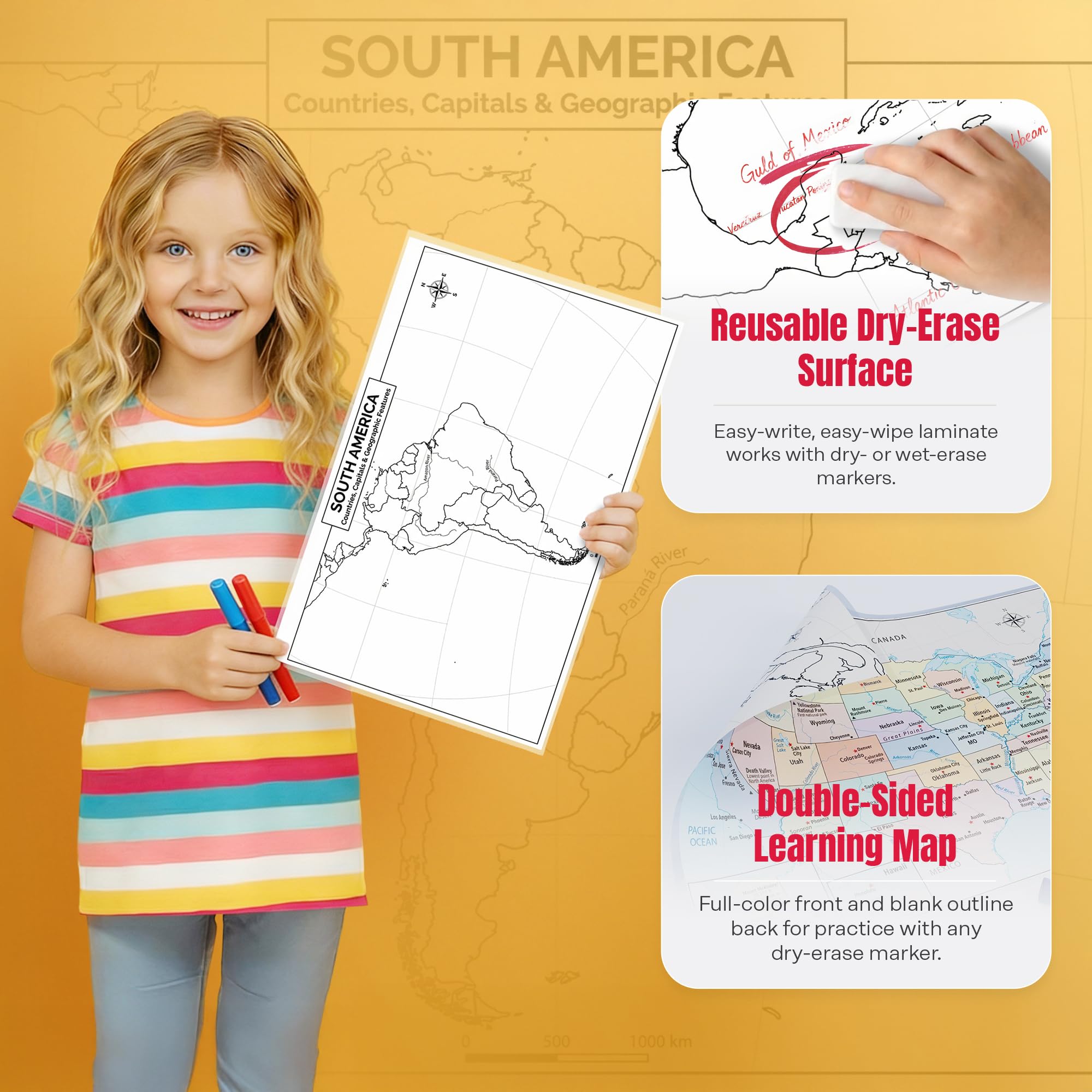 South America Map 11x17 Laminated Dry Erase Geography Chart | Double-Sided with Color Front & Blank Outline Back | Reusable