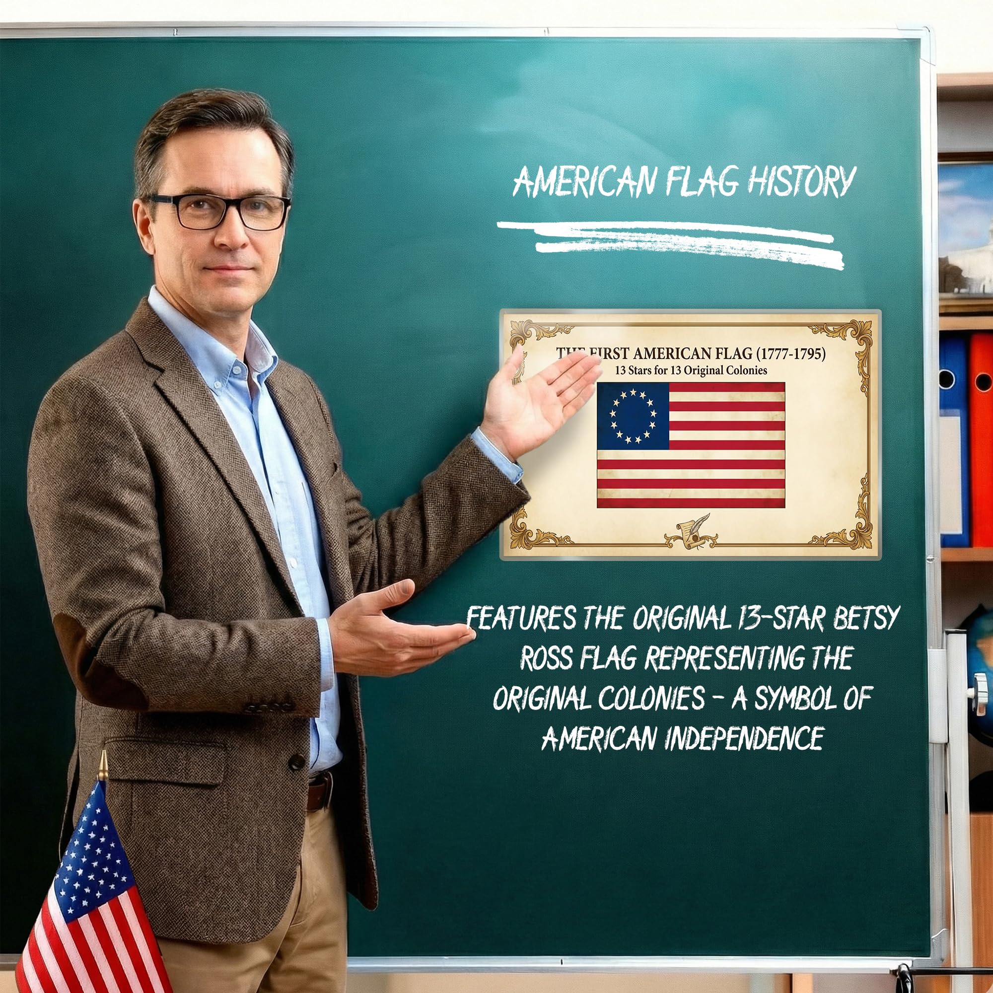 JELLY BEAN GENIUS First American Flag Poster - Betsy Ross 13 Stars Flag History - Laminated 11x17 - Patriotic Educational