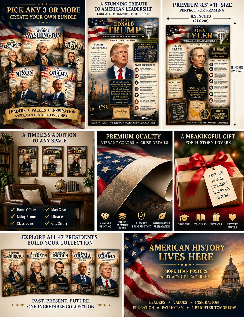 US Presidents Posters, Choose Any 3-5, American History, 8.5x11 Laminated