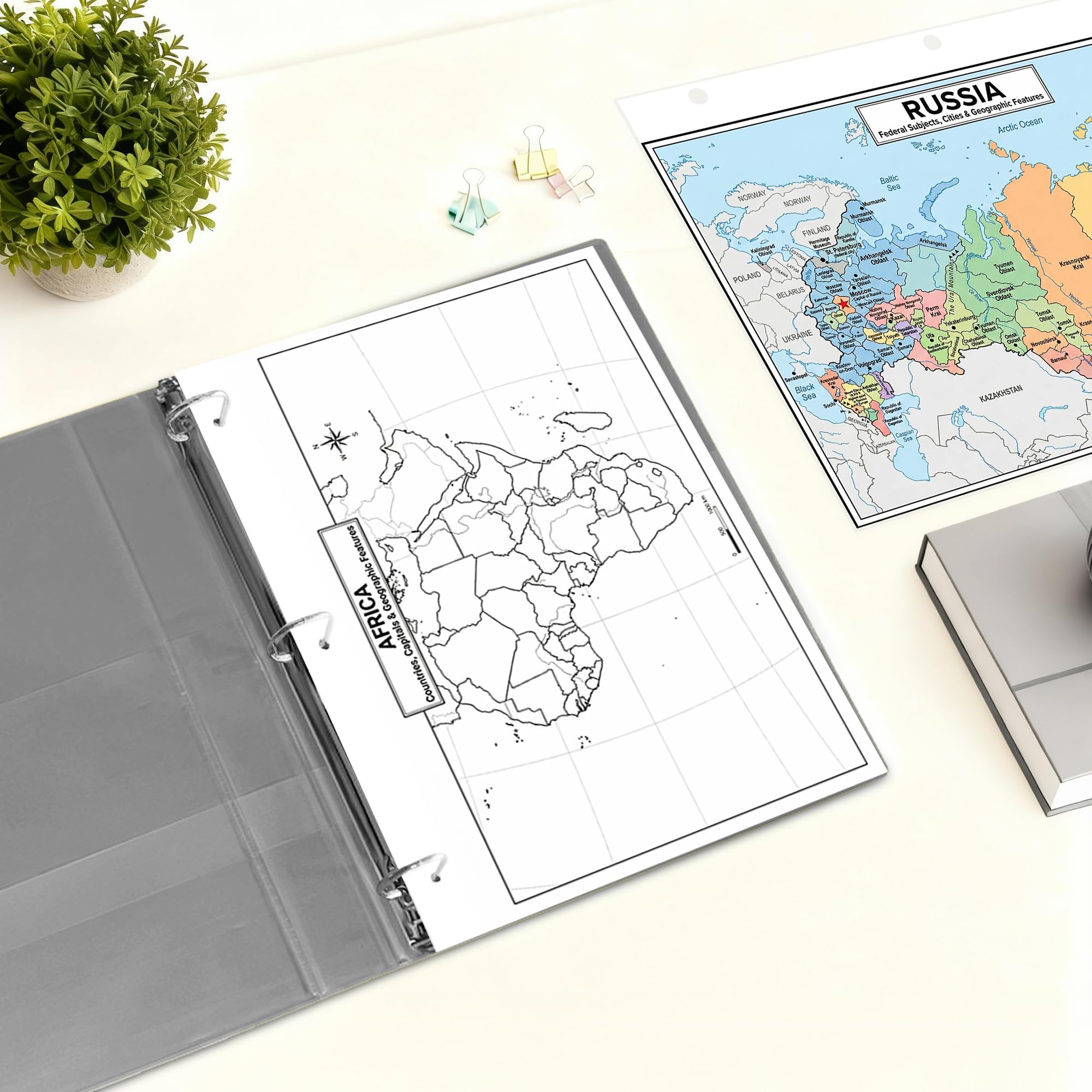 Africa Map Poster for Kids - 2-Sided Laminated 8.5x11, Countries Capitals & Geographic Features with Blank Practice Map