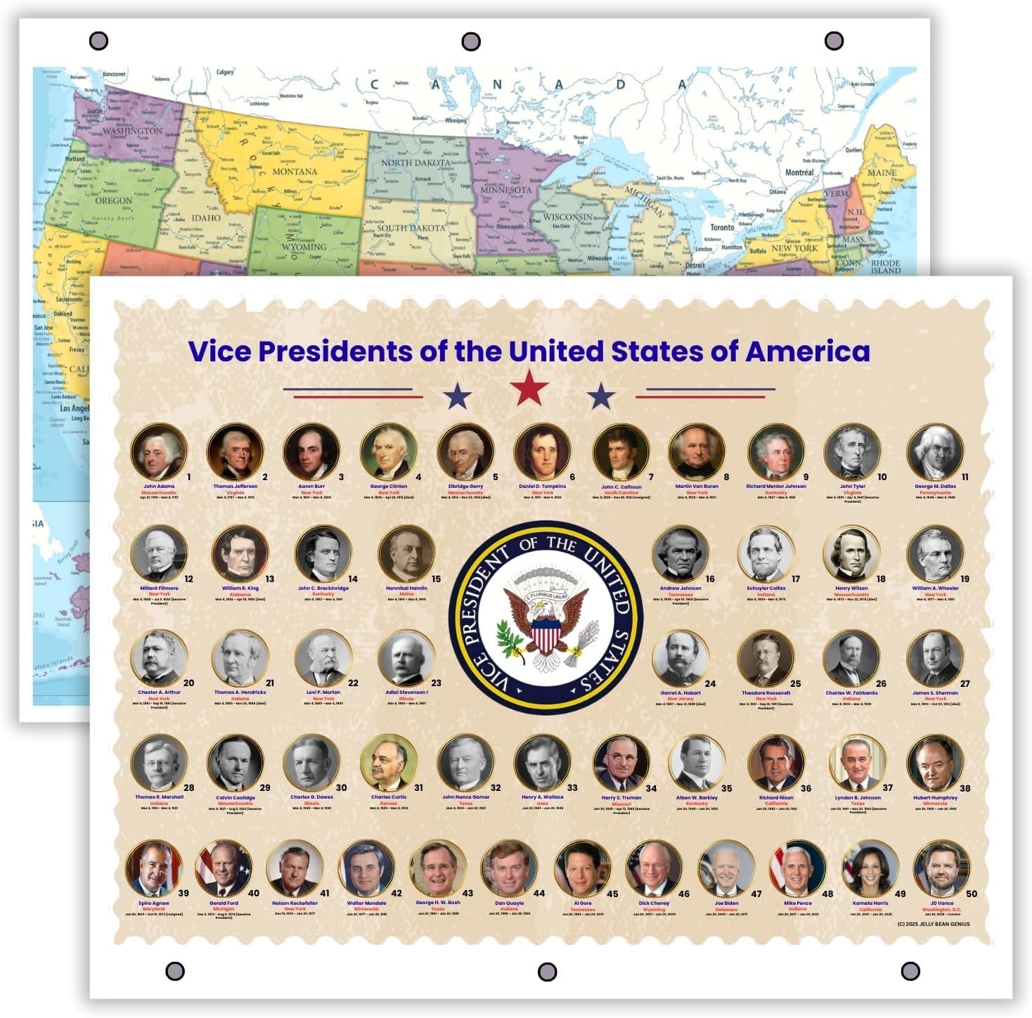 Detailed United States Map & U.S. Vice Presidents Reference Page – Laminated, Double-Sided 3-Ring Binder Insert – Durable