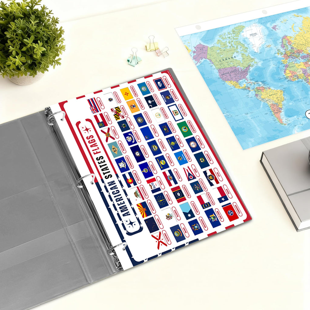 Updated United States Map with All 50 State Flags – Laminated, Double-Sided 3-Ring Binder Insert – Durable Gloss Reference