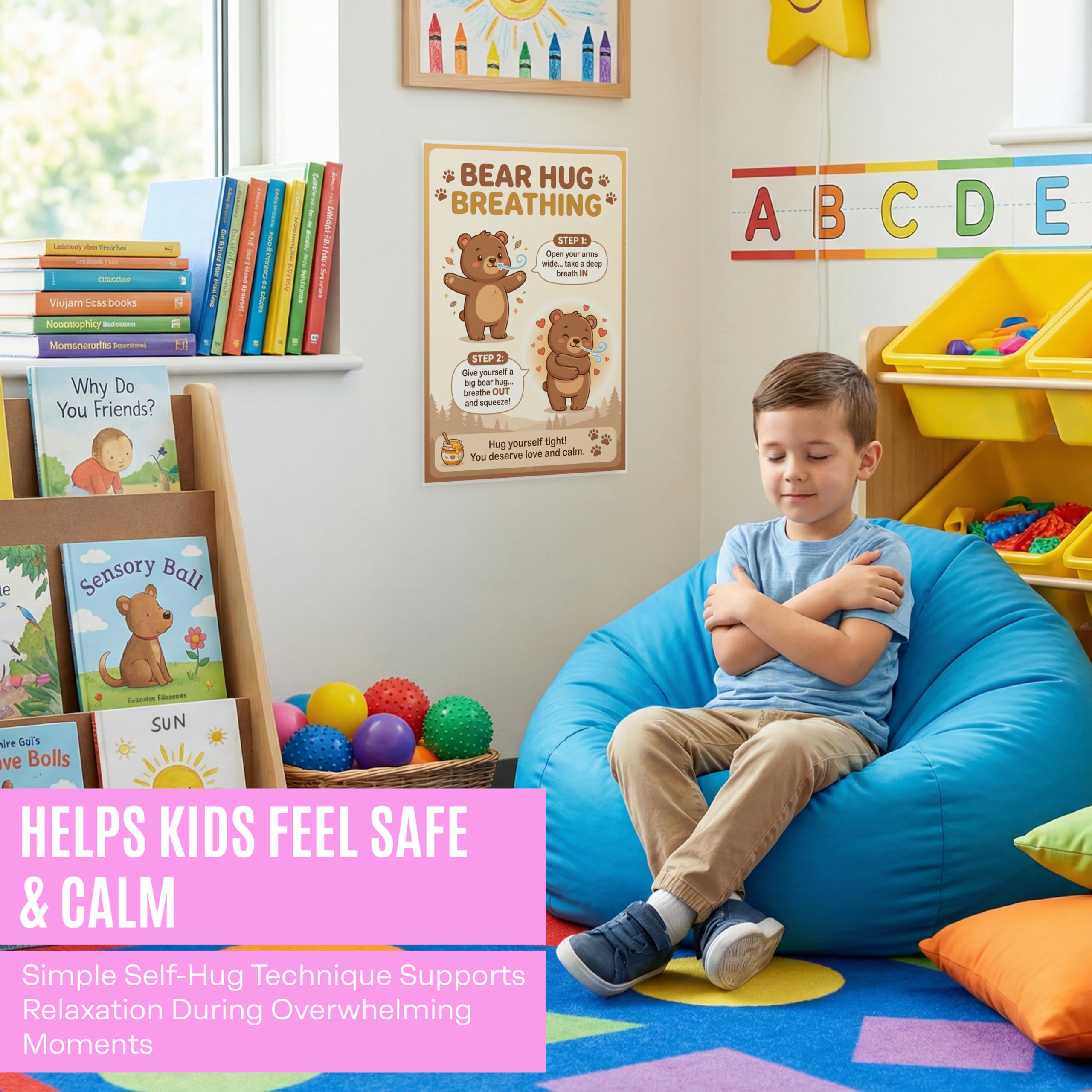 JELLY BEAN GENIUS Bear Hug Breathing Poster for Kids – Self-Hug Calming Technique, Calm Corner Classroom Decor, SEL Social