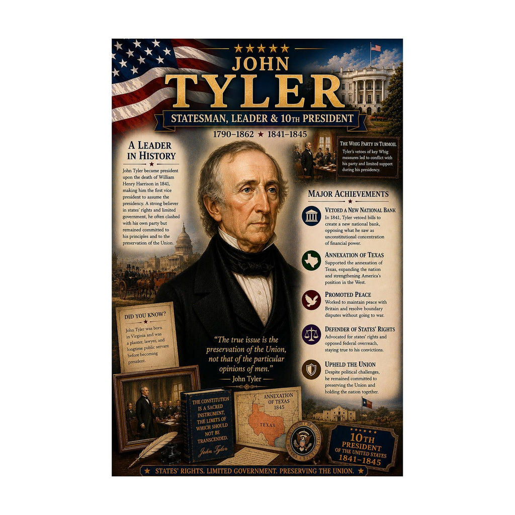 John Tyler Poster, 10th U.S. President, 8.5x11 Laminated Learning Chart